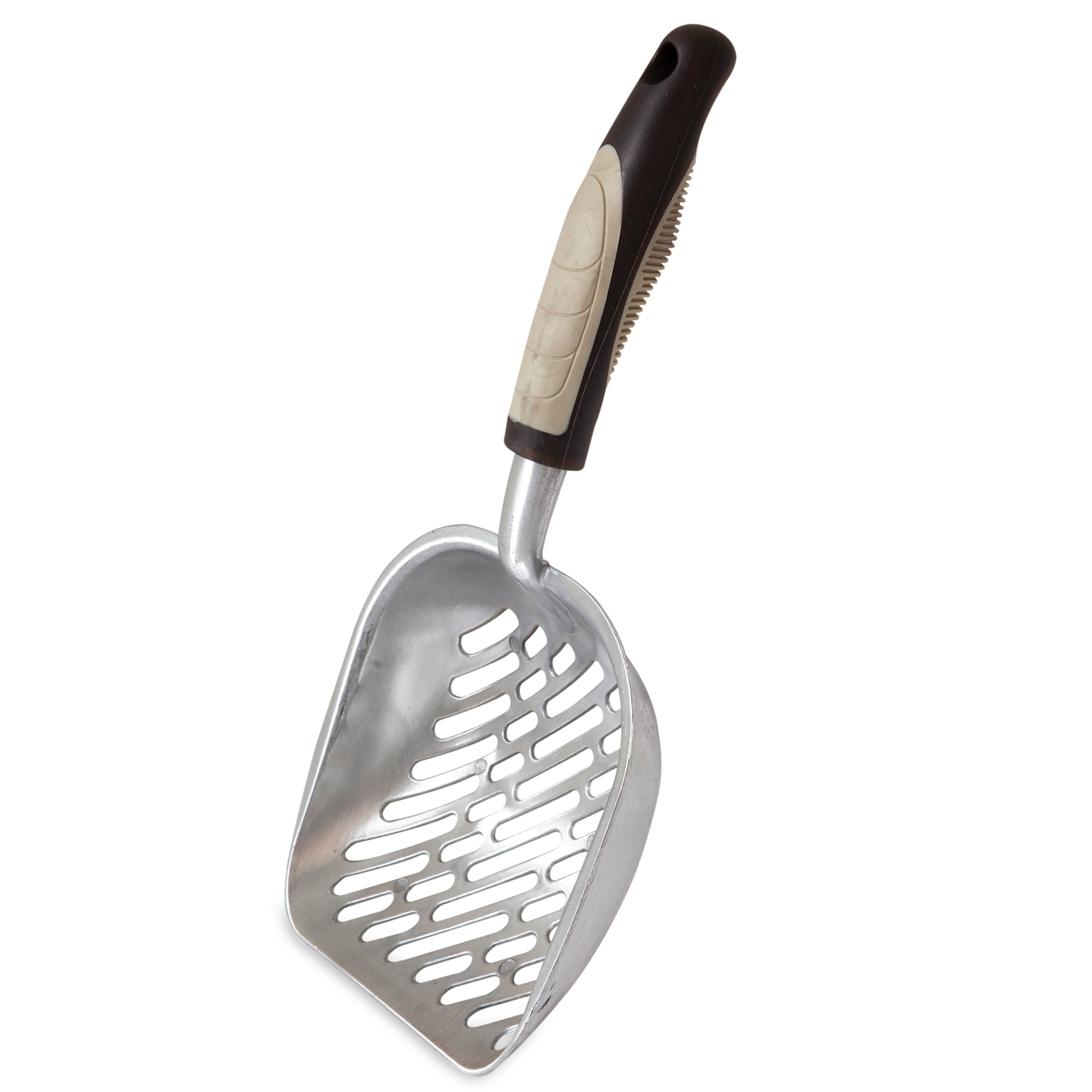 The Pet-mates Metal Litter Scoop by Pet-mates features a durable aluminum build and an ergonomic black and beige rubber handle for comfort. Its slits are designed for effective litter sifting.