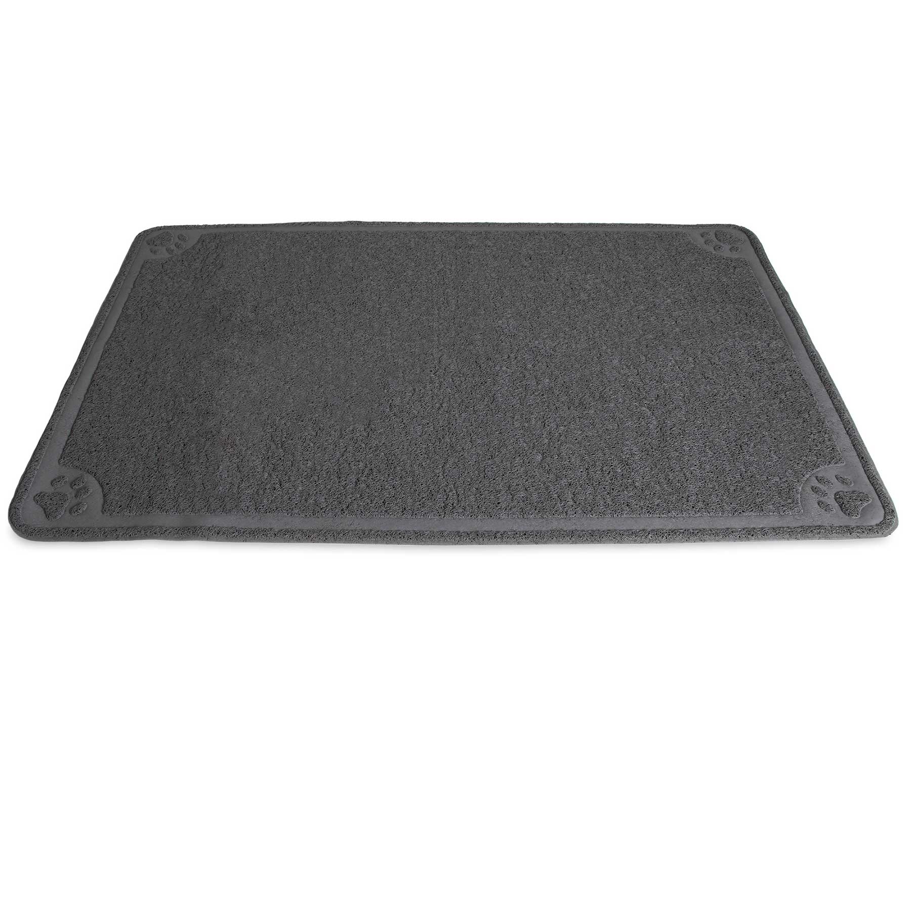 The Pet-mates Extra Large Litter Catcher Mat is a gray, rectangular doormat with a textured surface and small paw prints at each corner. Its perfect for your cats litter box area, effectively catching litter while lying soft and flat on the floor.