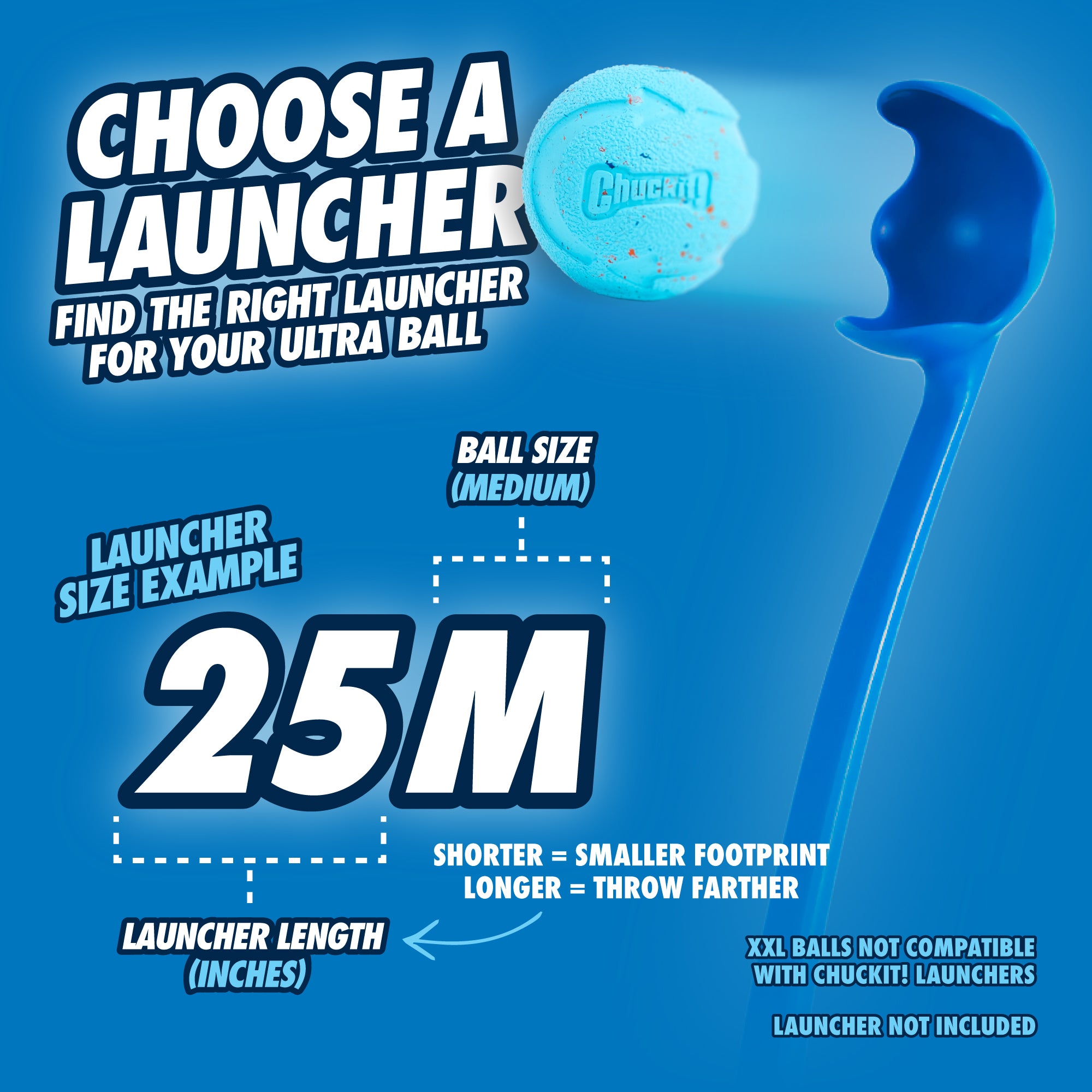 A dog ball launcher is on the right against a blue background. Text: Pick a Launcher for your Ultra Ball or Chuckit! Rebounce Fetch Ball. Example launcher: 25M. Ball size: Medium. Made from recycled natural rubber, these high-bouncing balls by Chuckit keep playtime exciting.
