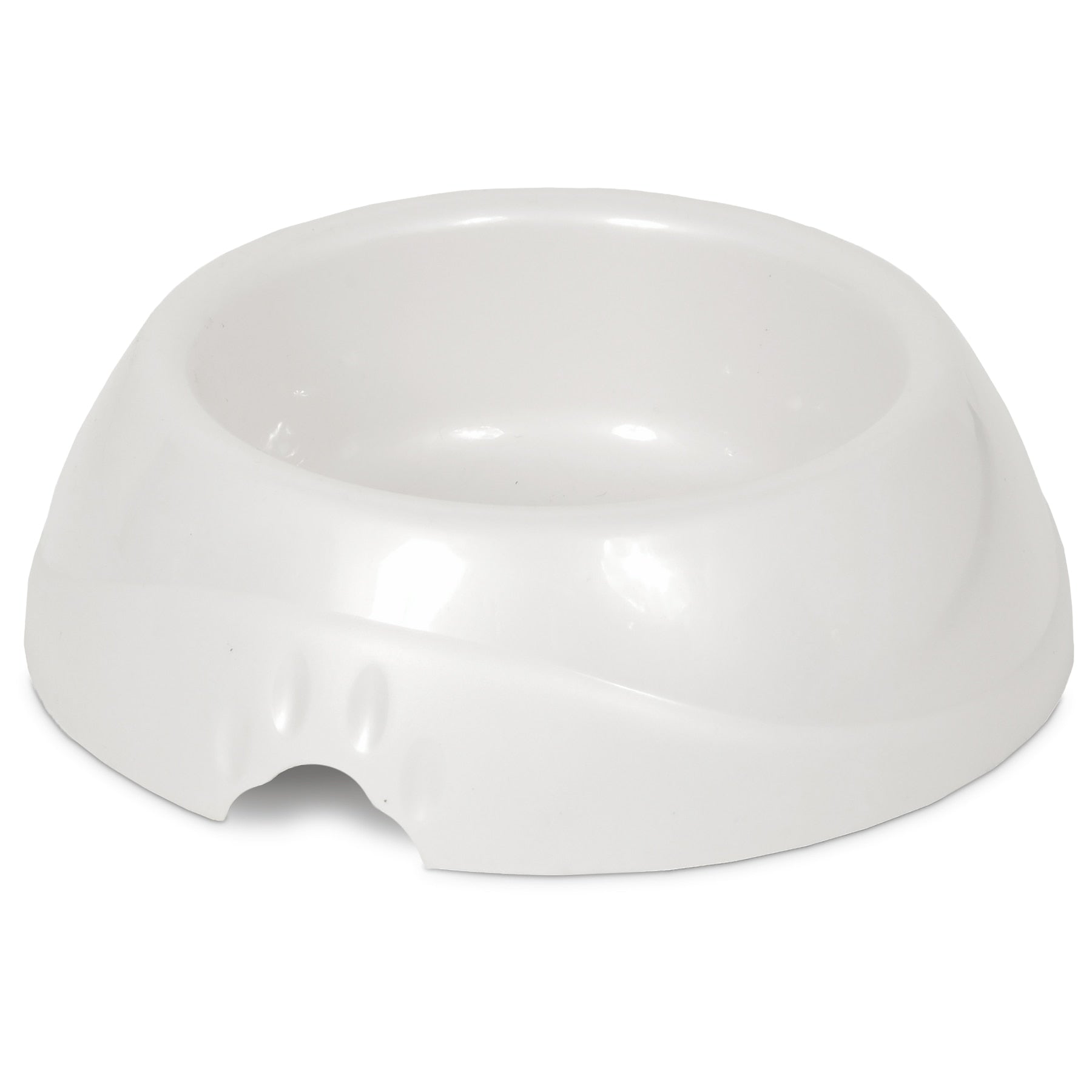 The Pet-mates Ultra Lightweight Bowl by Pet-mates is a sleek, modern white pet bowl with a wide base. Its lightweight design features a smooth, glossy finish that reflects light beautifully and includes a small notch for easy handling.