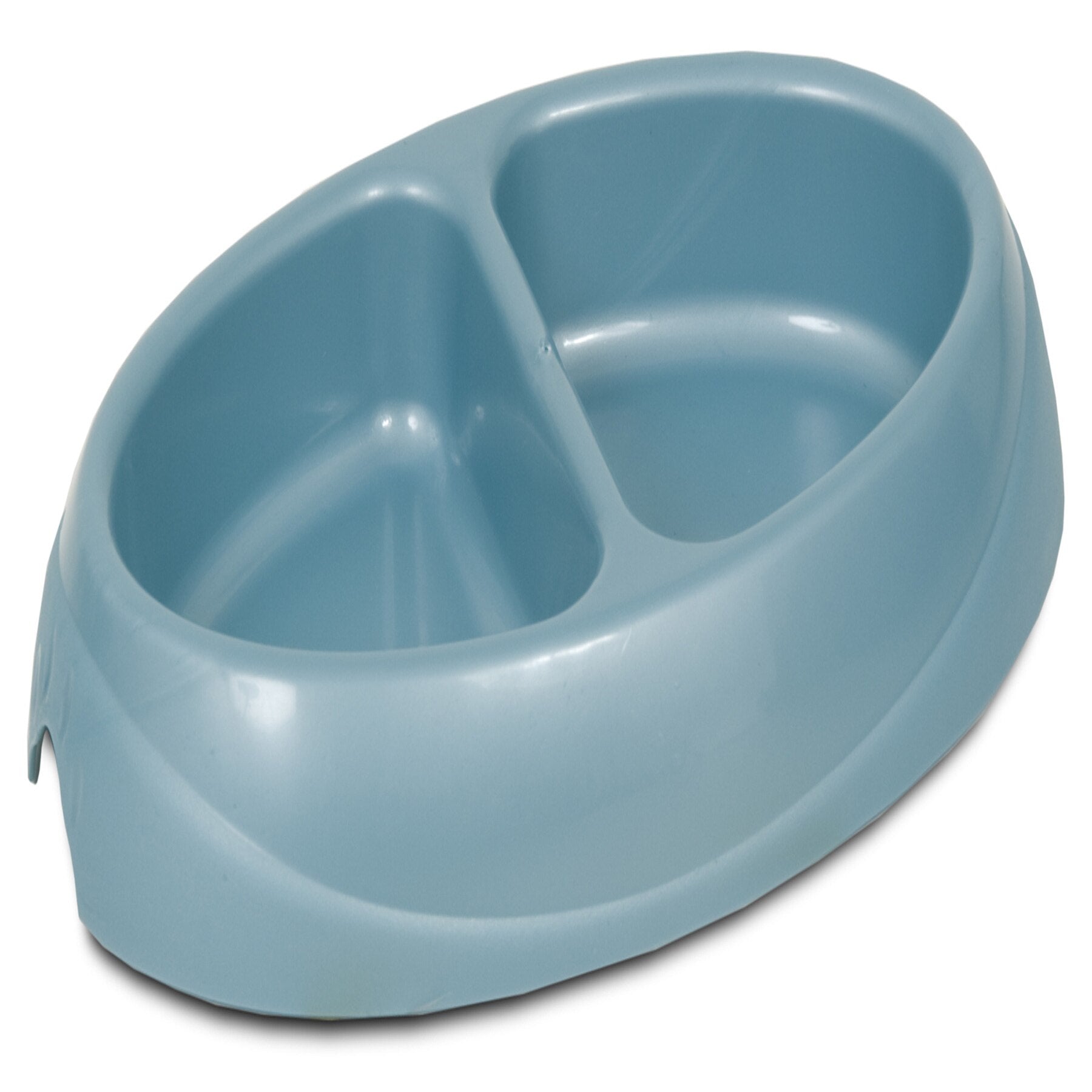 The Pet-mates Ultra Lightweight Double Diner, by Pet-mates, is a light blue, oval plastic dish with Microban antimicrobial technology. It features two compartments, ideal for serving your pet food and water.