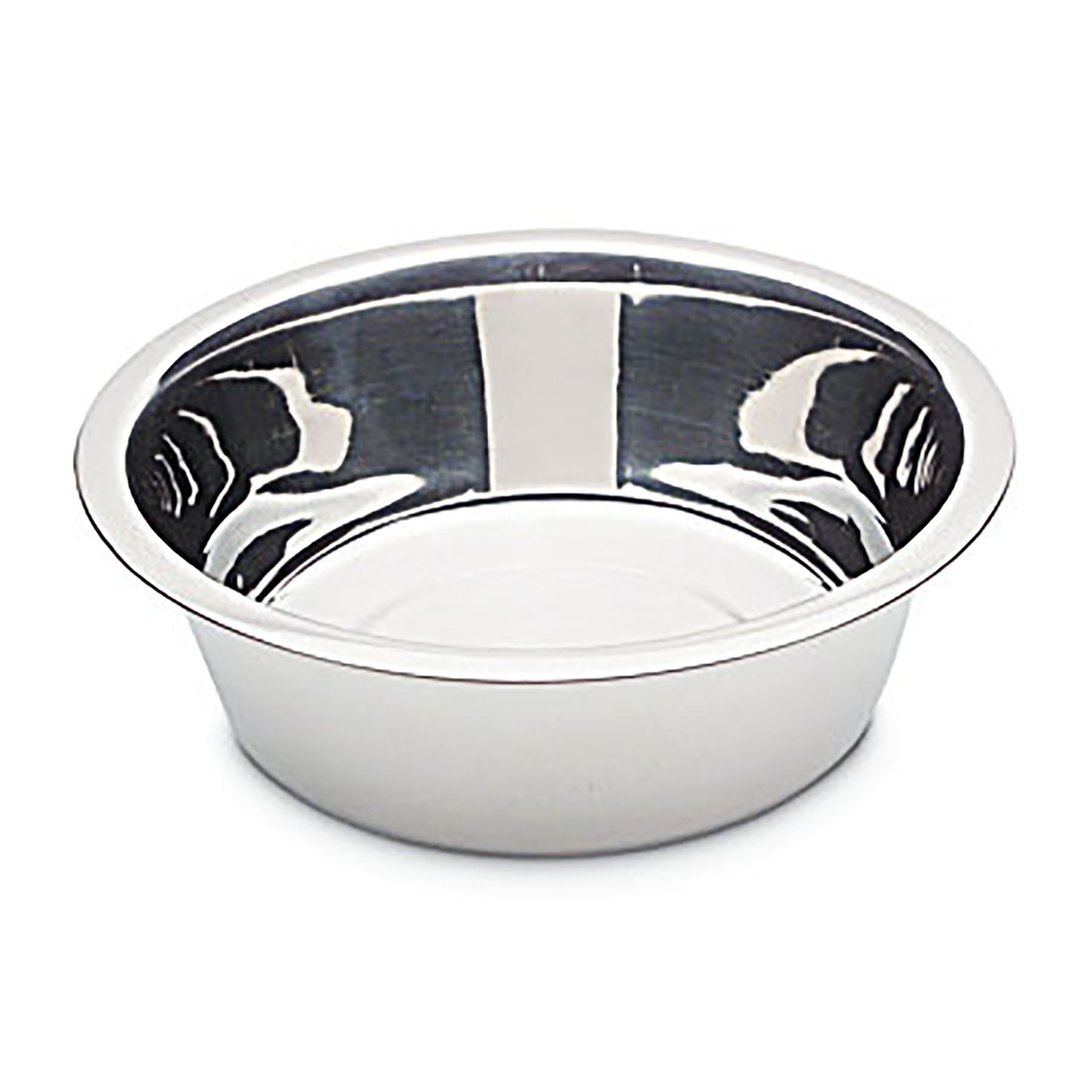 The Pet-mates Stainless Steel Bowl by Pet-mates is hygienic and rust-resistant, featuring a smooth, reflective surface with a wide rim and shallow depth. Its polished look stands out against a plain white background.