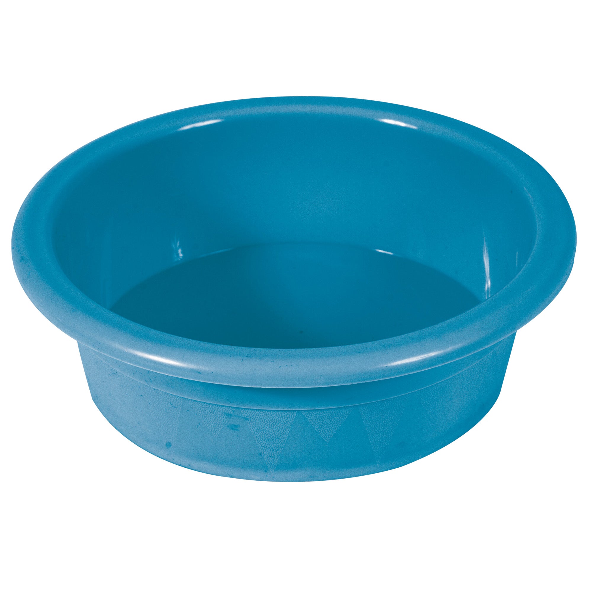 The Pet-mates Crock Bowl for Pets by Pet-mates is a bright blue, round plastic bowl with a smooth rim and slightly sloped sides, made from recycled materials for eco-friendly use.