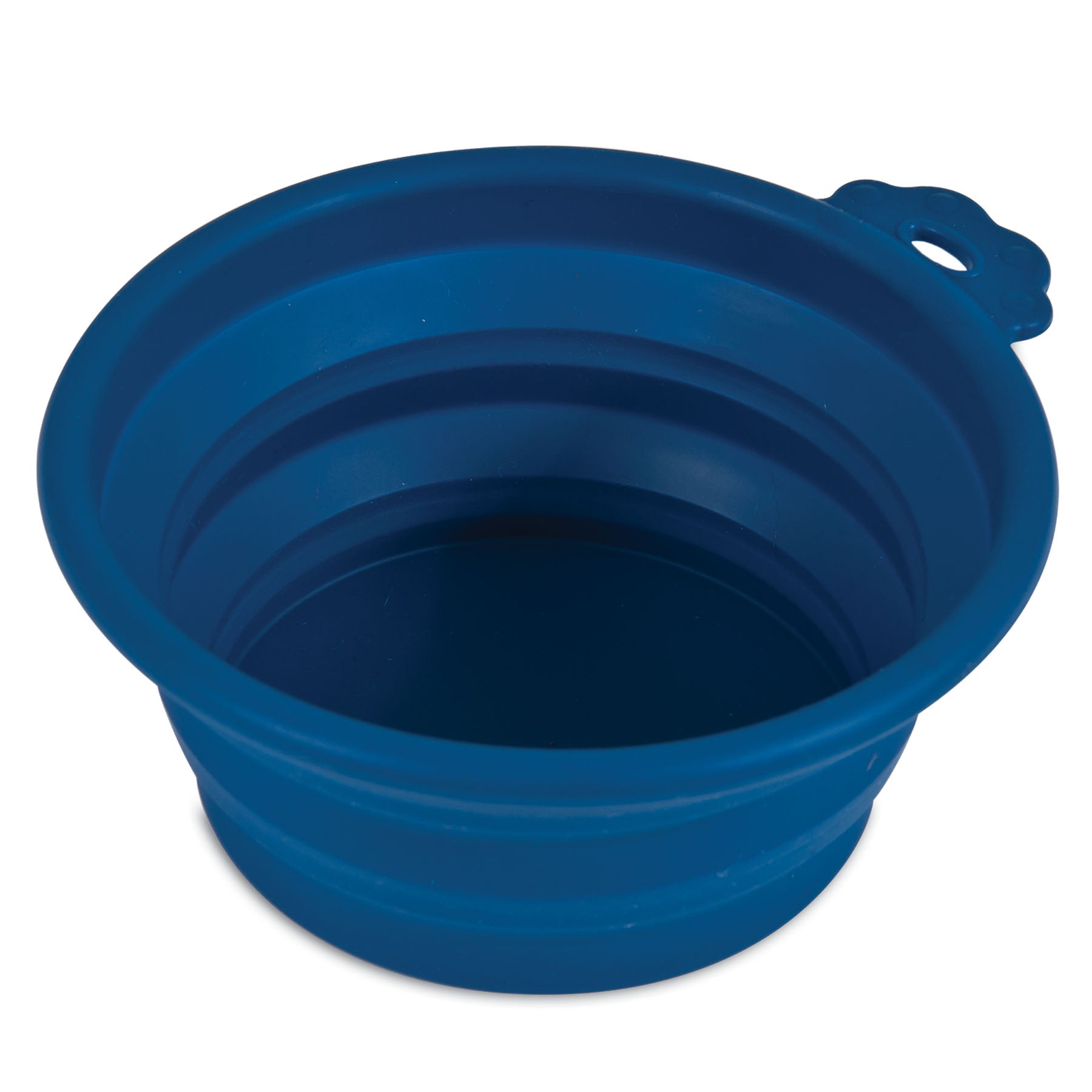 The Pet-mates Silicone Round Travel Pet Bowl, in blue, features a smooth rim and an extended tab. Its collapsible, dishwasher-safe design ensures easy cleaning and offers compact convenience for travel and storage.