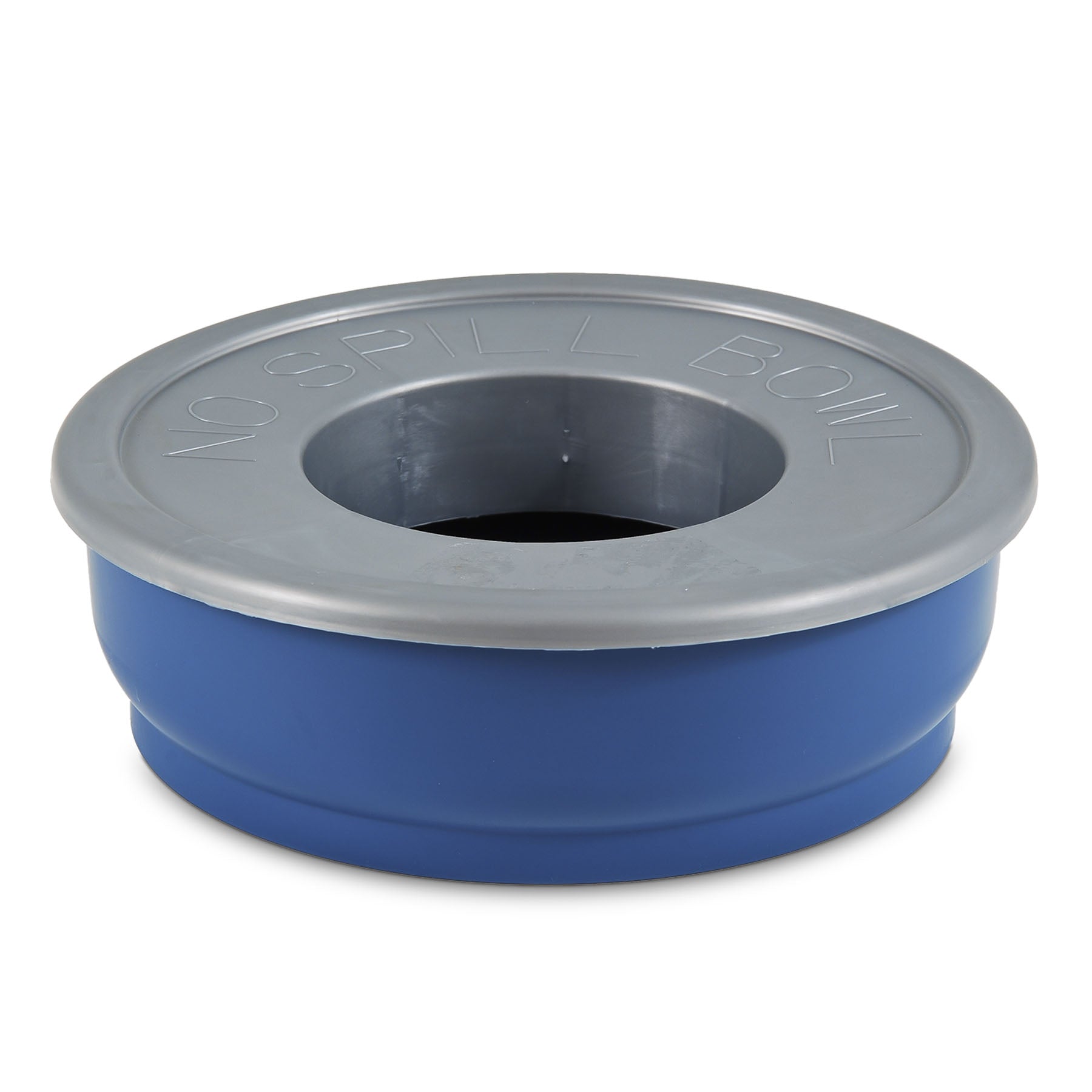 The Pet-mates No Spill Pet Bowl by Pet-mates is a blue, heavy-duty plastic water bowl with a gray rim, featuring NO SPILL BOWL embossed on the rim and a center hole, designed to prevent spills with its splash-proof design.