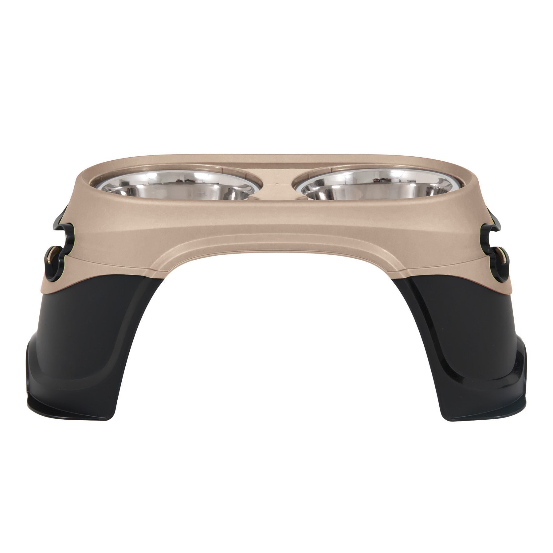 The Pet-mates Easy Reach Diner by Pet-mates features an elevated beige and black plastic stand with two stainless steel bowls, promoting better digestion and comfortable feeding for dogs or cats, especially large breeds.