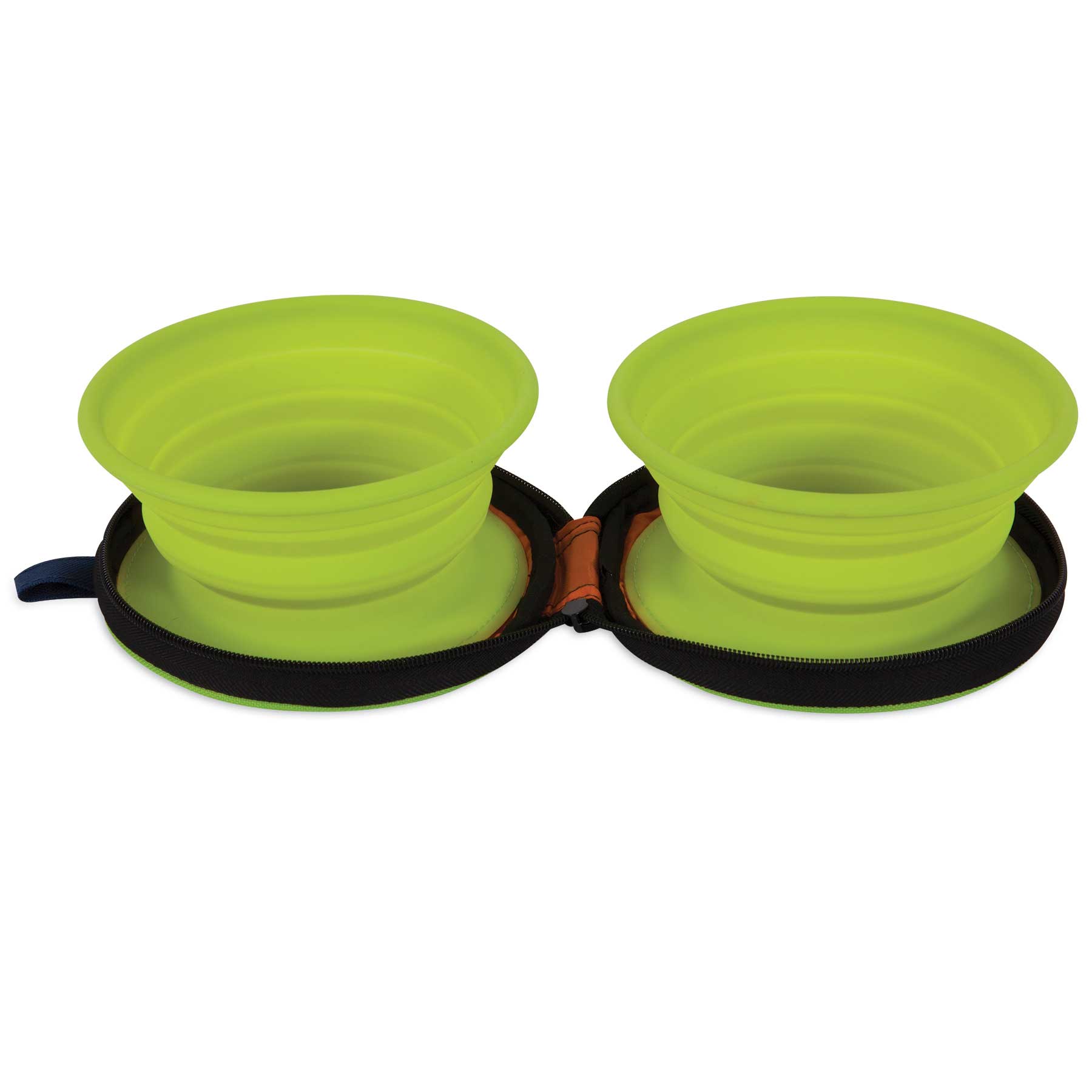 The Pet-mates Silicone Travel Bowl Duo, from the brand Pet-mates, includes two green collapsible pet bowls in a black zippered case, ideal for travel and showcasing top-quality pet accessories.