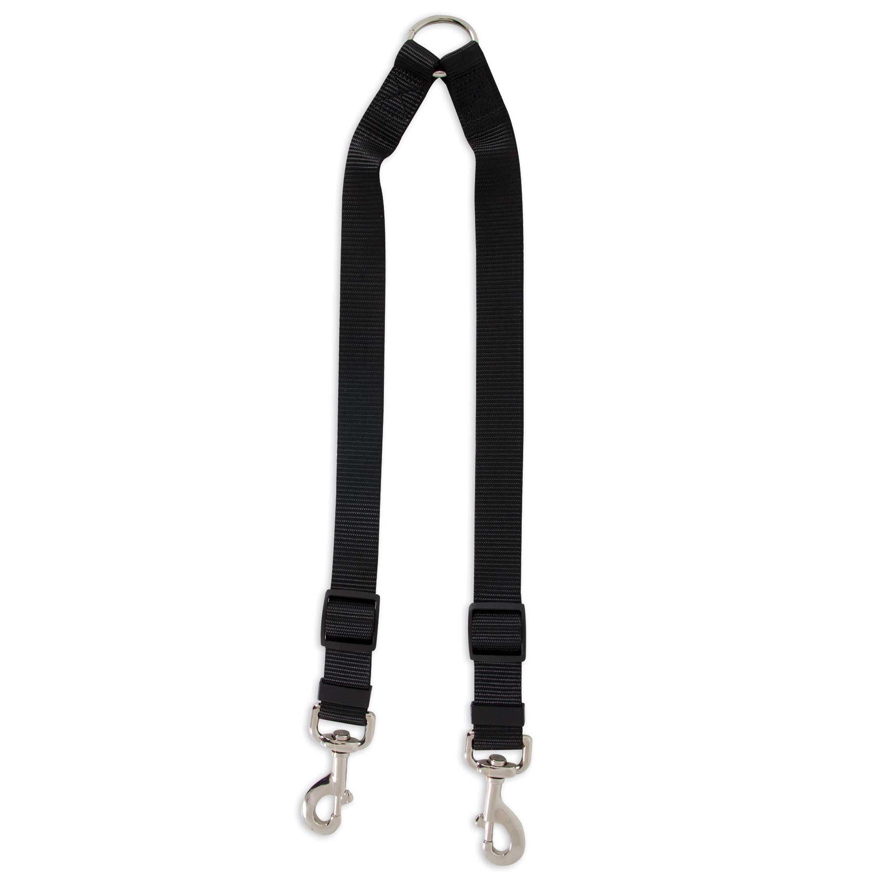 The Aspen Pets Pet-mates Take Two Nylon Coupler Dog Leash is a black nylon leash with two metal swivel clips and a sturdy center ring, ideal for easily walking two dogs at once.
