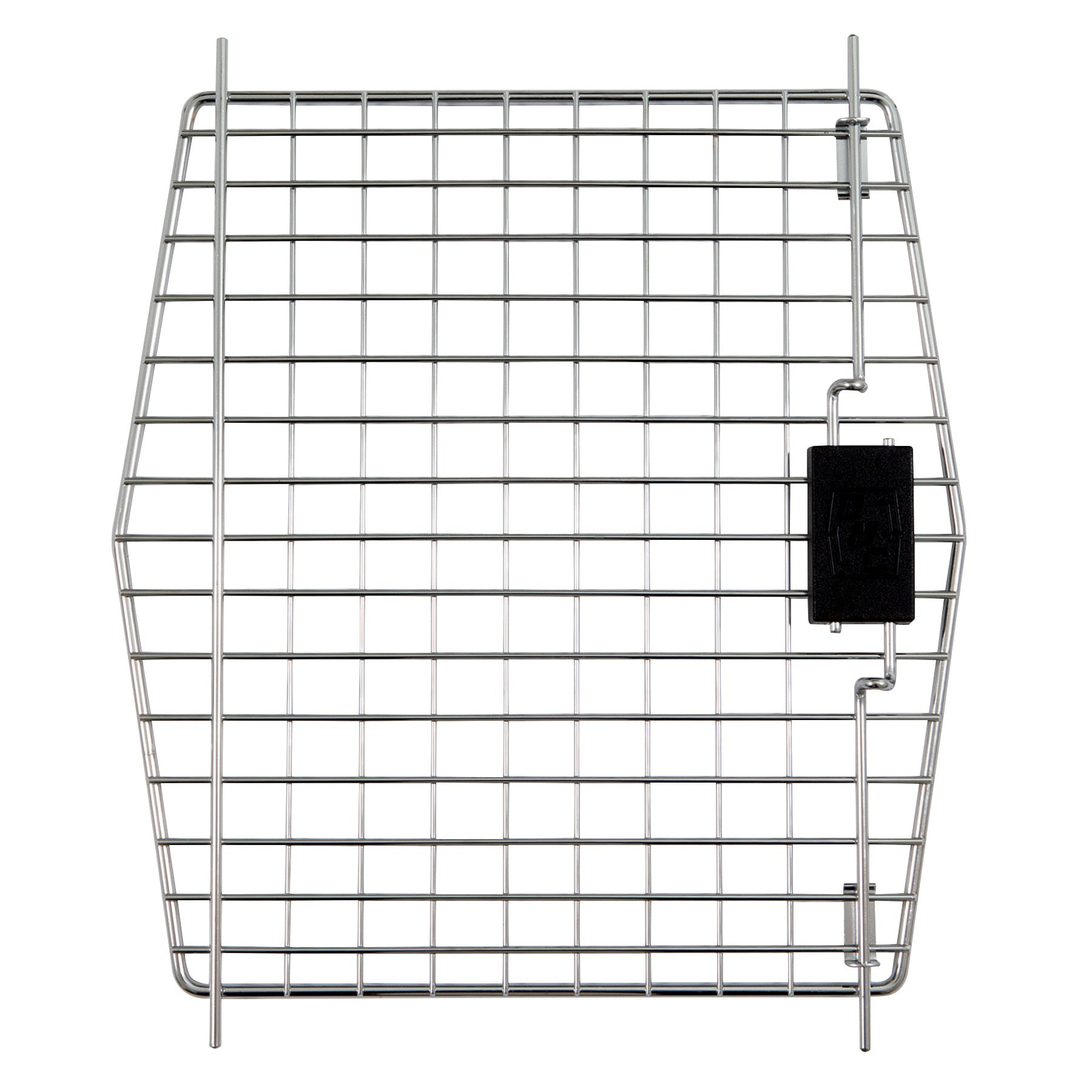 A metal grid panel with evenly spaced squares features a black Squeeze Latch Locking System on the right side. The symmetric structure has two parallel vertical rods for stability, ideal as a Replacement Door for Pet-mates Pet Porter, Vari Kennel, and Sky Kennel by Pet-mates.