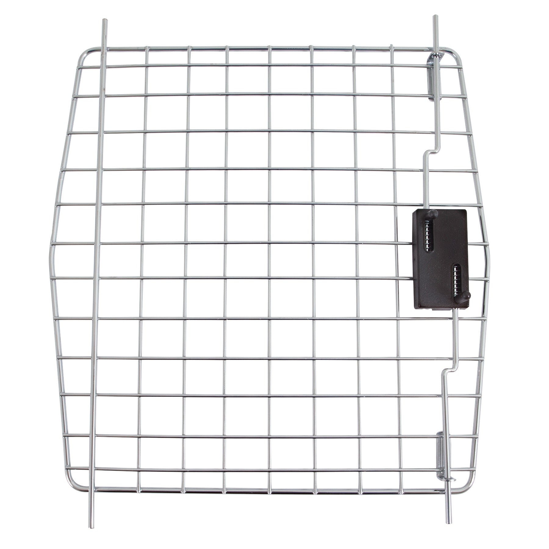 The Pet-mates Multi Fit Plastic Kennel Replacement Door is a rectangular metal wire grid with a black hinge, perfect for replacing the door on your Deluxe Pet Porter Jr or Kennel Cab. It has square openings formed by vertical and horizontal wires, ideal for kennel upgrades.