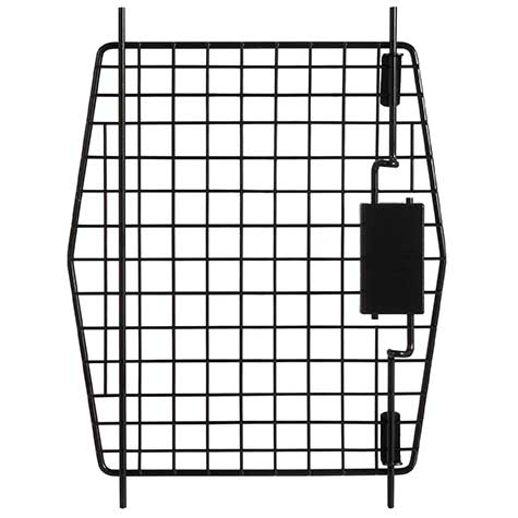 Explore the Pet-mates 21 Sky Kennel Replacement Door, featuring a black metal wire mesh panel with a rectangular grid pattern. It meets IATA requirements and includes hinges and a rectangular lock mechanism on one side, with a symmetrical, slightly tapered shape for seamless fitting.
