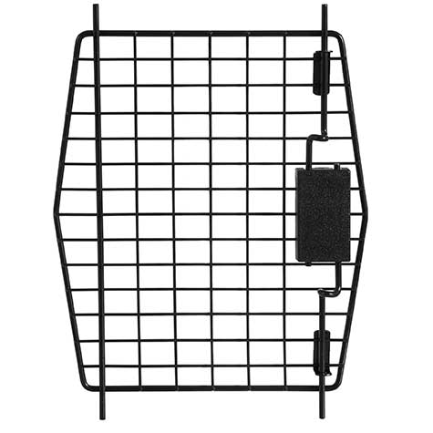 The 21 Ultra Vari Kennel Replacement Door by Pet-mates is a black metal hexagonal grid with vertical and horizontal bars, featuring a right-side latch mechanism for easy opening and closing.