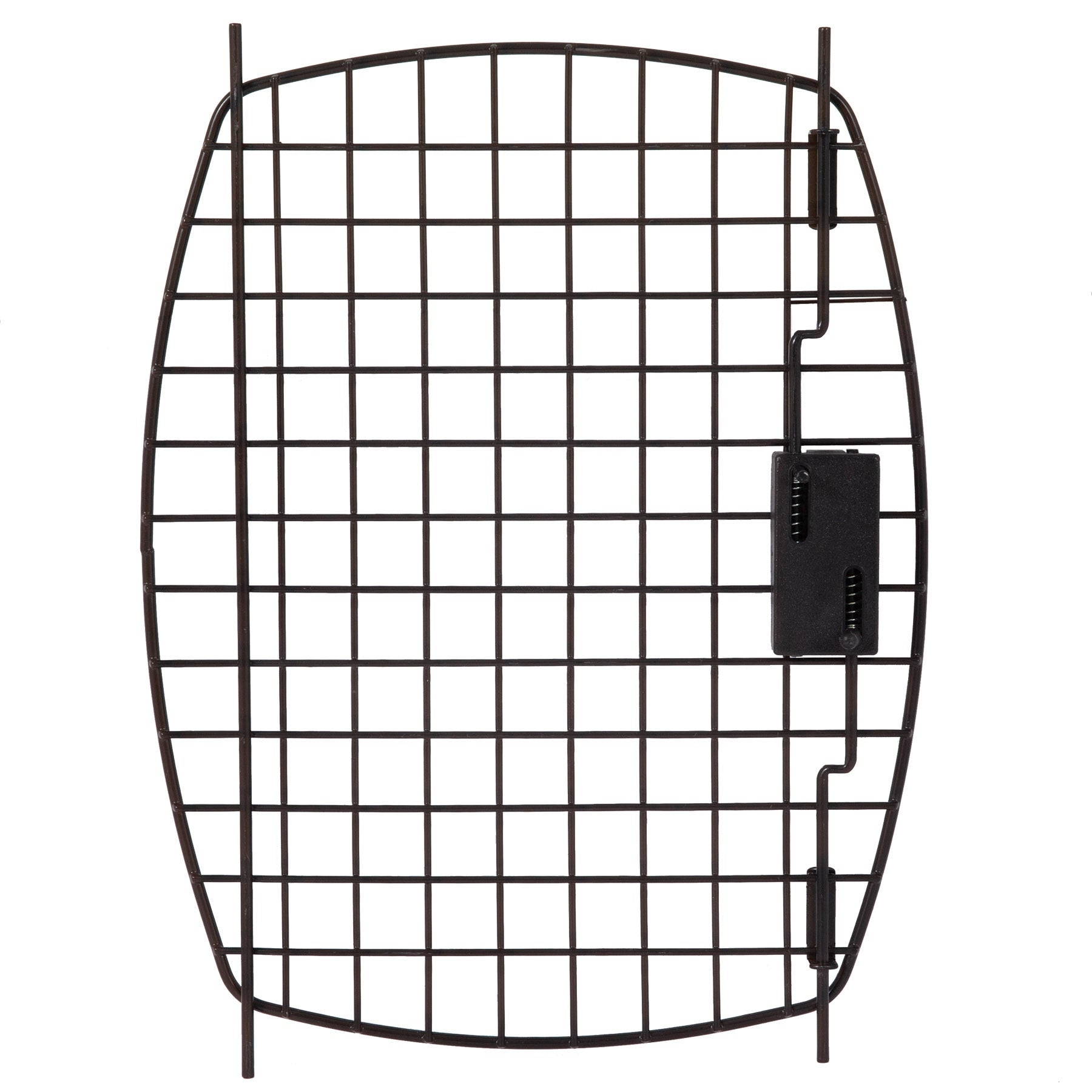 The Black 23 Kennel Replacement Door by Pet-mates is a sleek black metal grid with a curved rectangular shape and intersecting lines, featuring a latch mechanism on the right side as a replacement for your Pet-mates Kennel Cab or Aspen Pet Fashion Pet Porter.