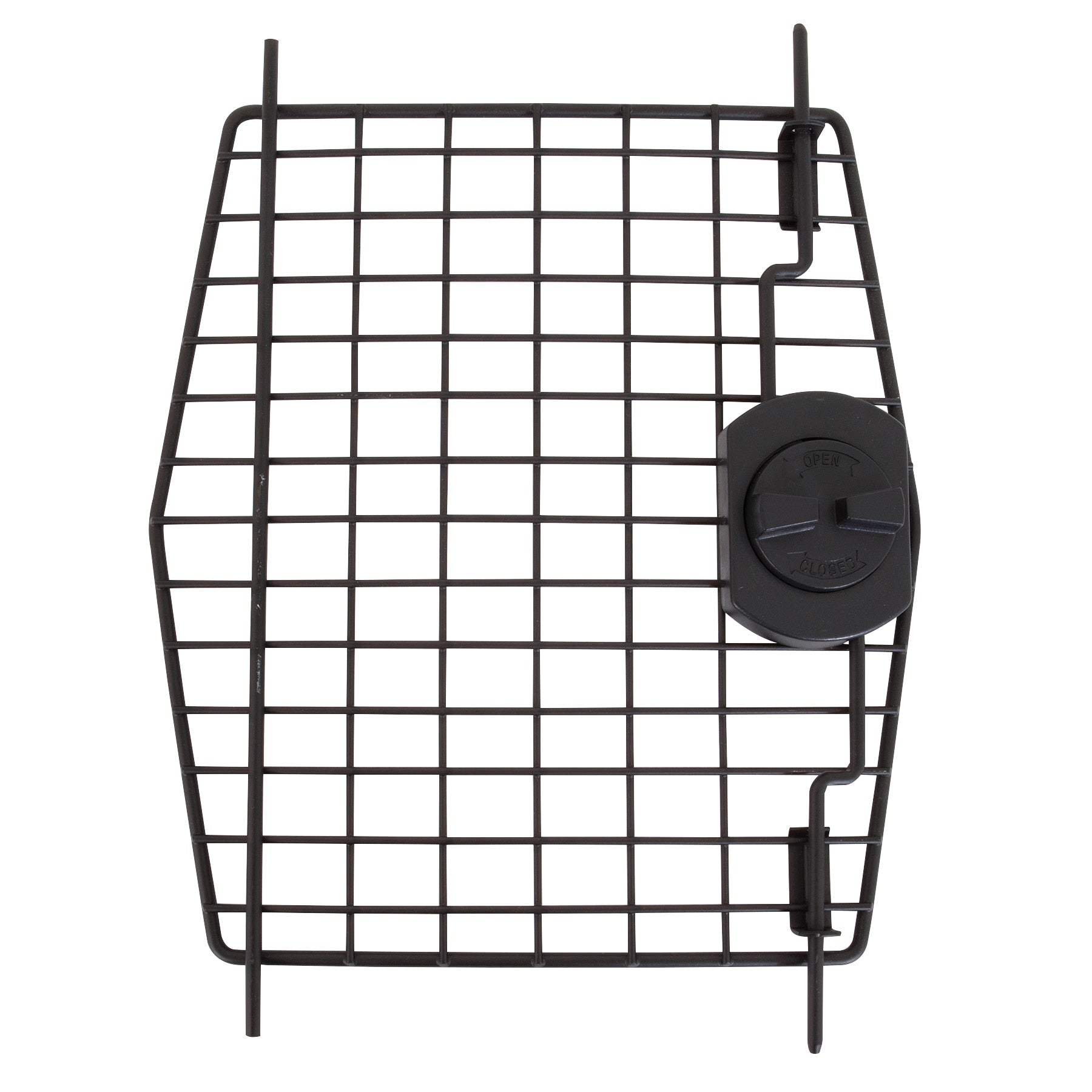 The Pet-mates Deluxe Vari Kennel Replacement Door is a metal grill with a black circular handle on the right side, featuring off and open markings. Its rectangular grid pattern makes it an ideal medium-size replacement.