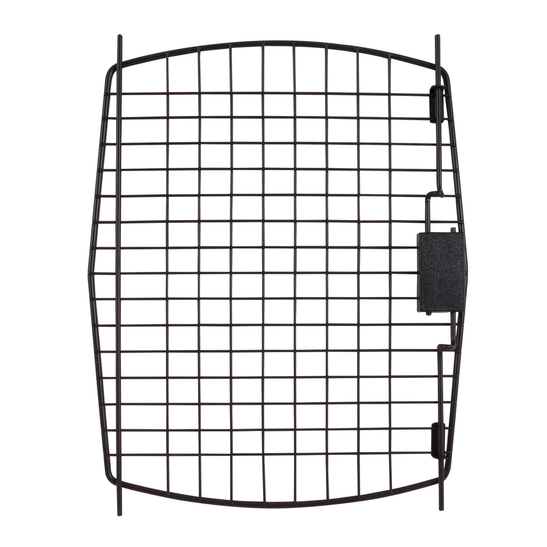 The Pet-mates Bargain Hound & Aspen Pet New Tradition Kennel Replacement Door, in a rectangular black metal grid design, has a right-side latch. Its horizontal and vertical bars create a mesh pattern, beautifully photographed on a white background.