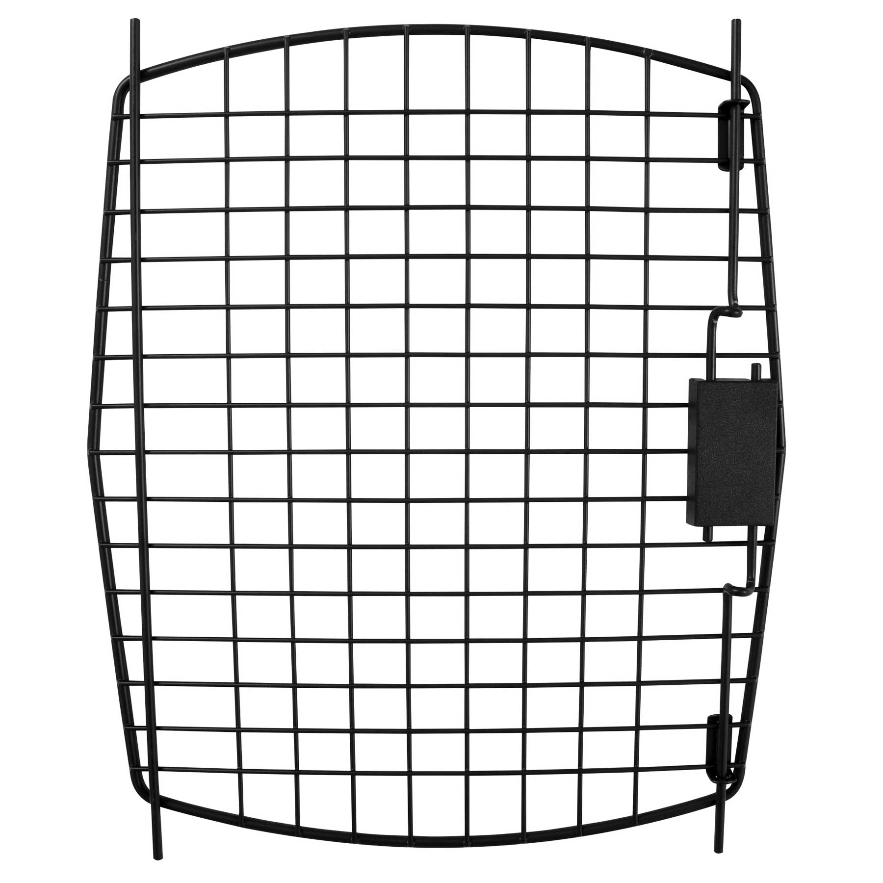 A black metal grid shelf with rectangular openings resembles a kennel door by Pet-mates, featuring a right protruding section. Its curved top and bottom, with intersecting lines, mimic the efficient design of Aspen Pet Porter crates.