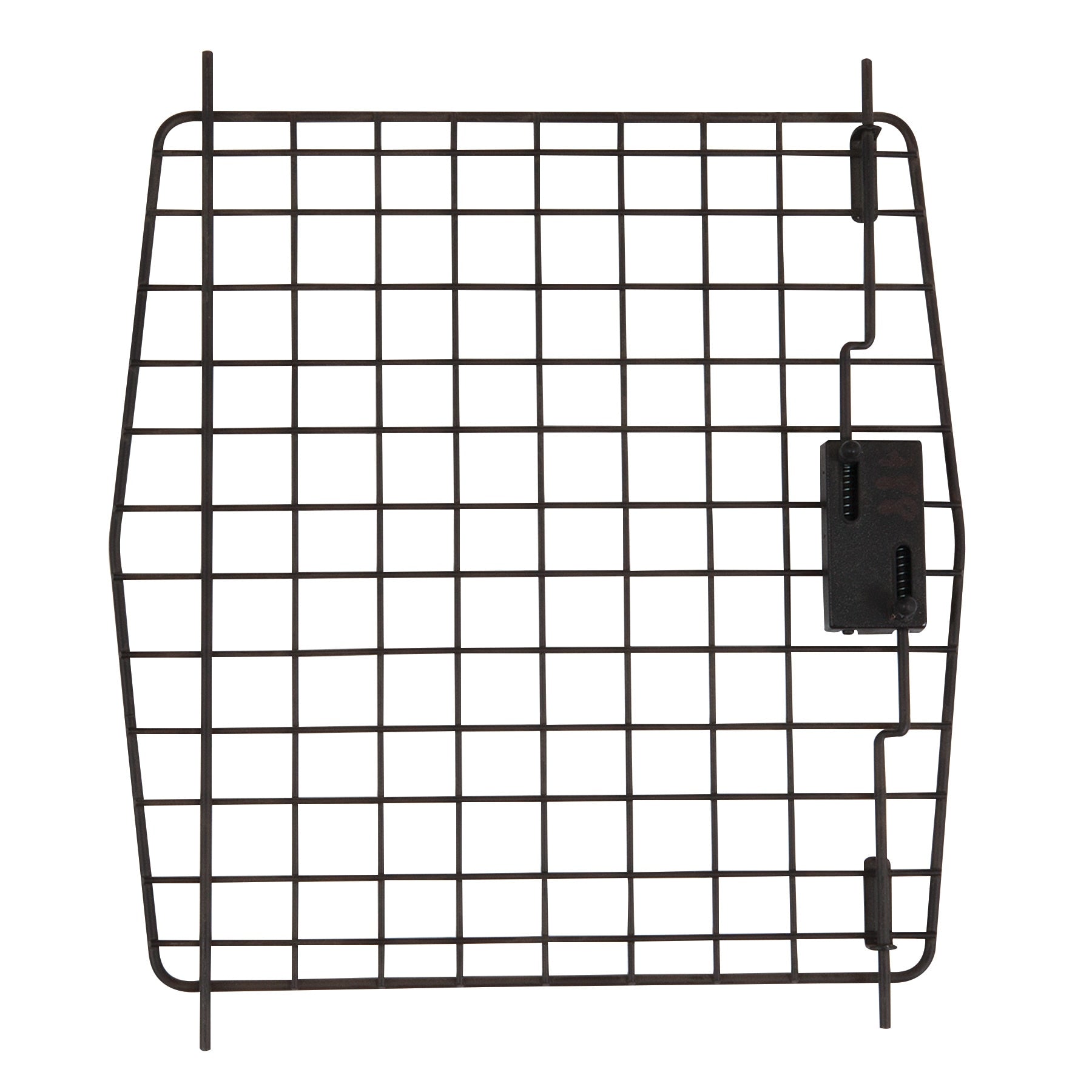 The Pet-mates Petco Classic Small Animal Kennel Replacement Door is a black metal grid panel with a latch mechanism on one side. It has evenly spaced bars forming square openings and slightly curved sides for a proper fit.