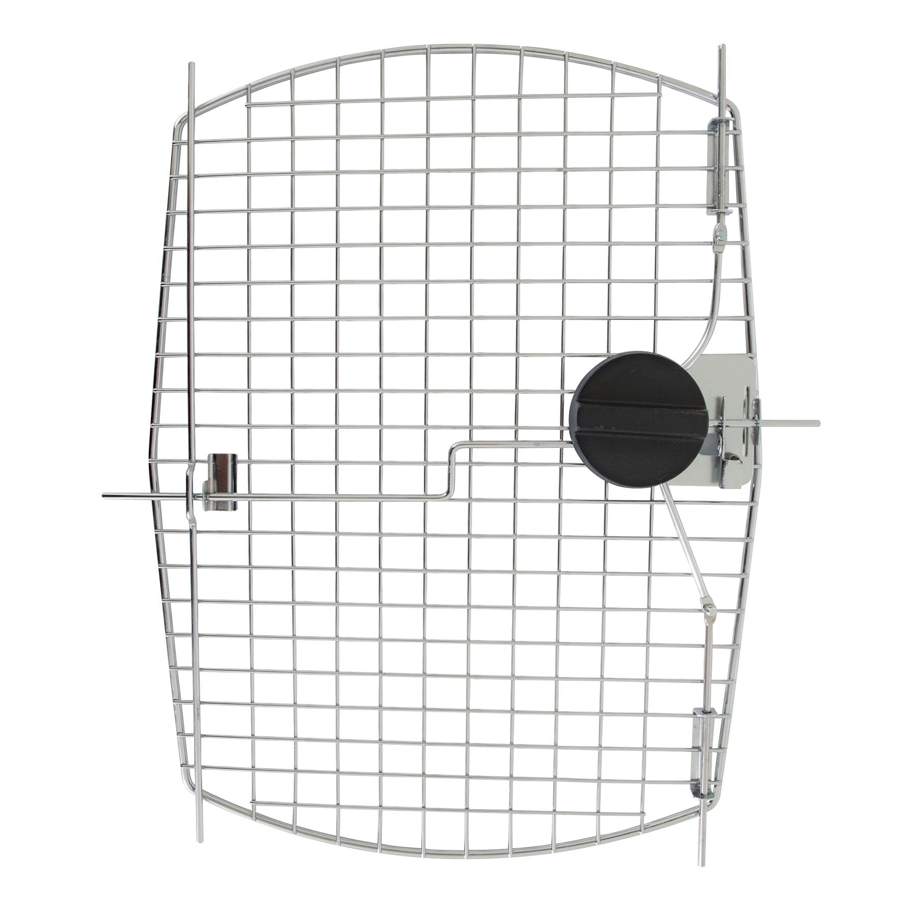 The Pet-mates Vaulted Replacement Door for 40 Plastic Kennels is a metal mesh guard with a circular opening on the right side and a latch mechanism, perfect for securing fans or vents with its sturdy wire frame.