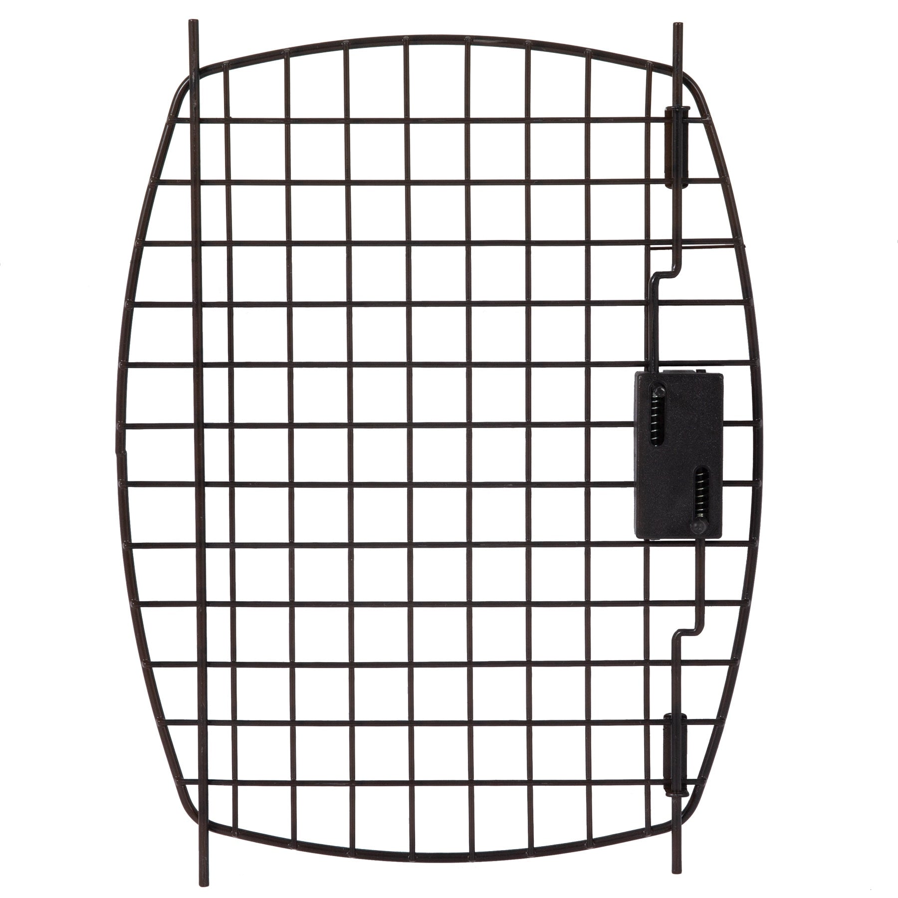 The Black Replacement Door for 24 Plastic Kennels by Pet-mates is a metal grid panel with curved edges, featuring a latch on the right side. It serves as an ideal replacement door and is set against a plain white background.