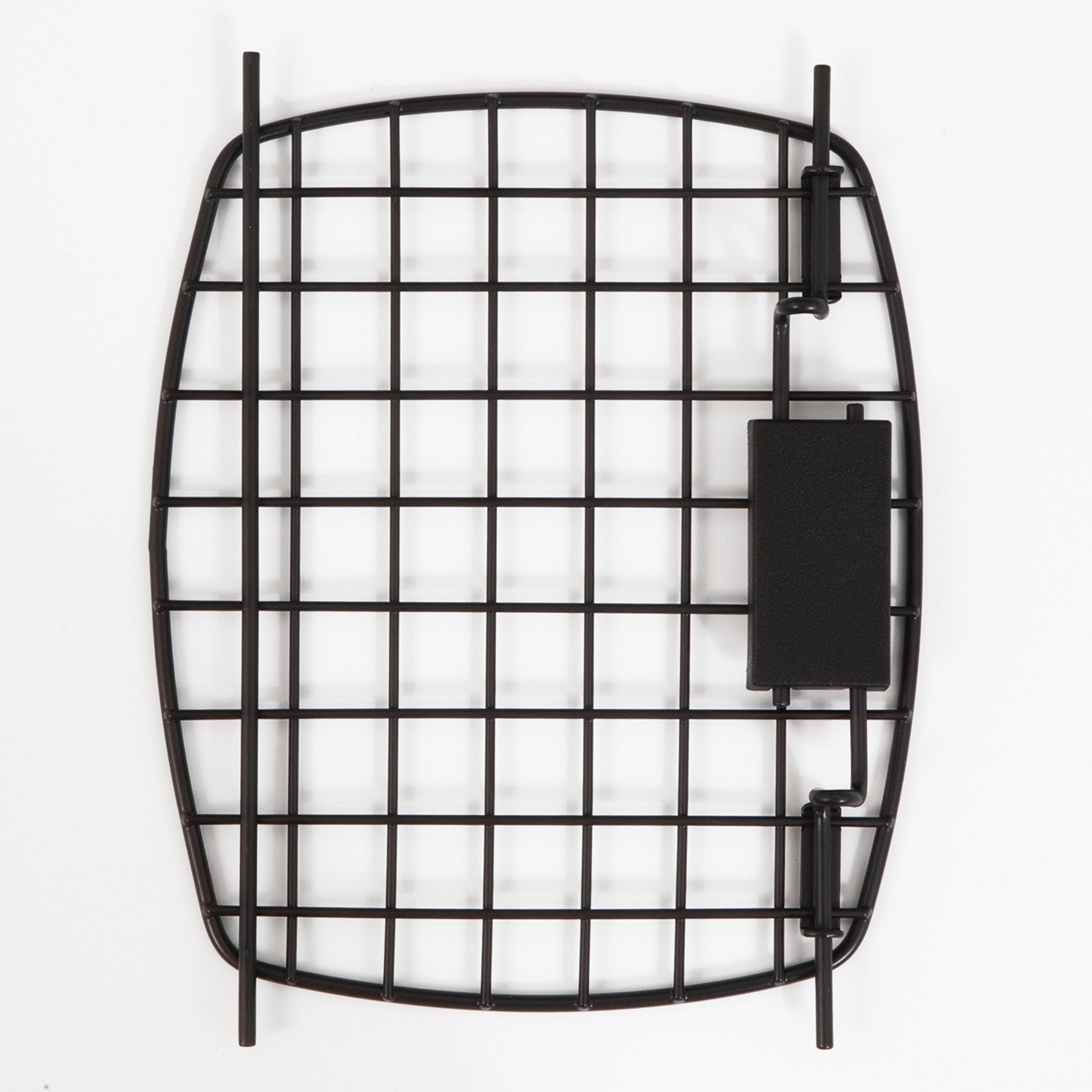 A black metal grid with a rectangular side handle on a white background looks like a Black Replacement Door For 26 Plastic Kennels by Pet-mates.