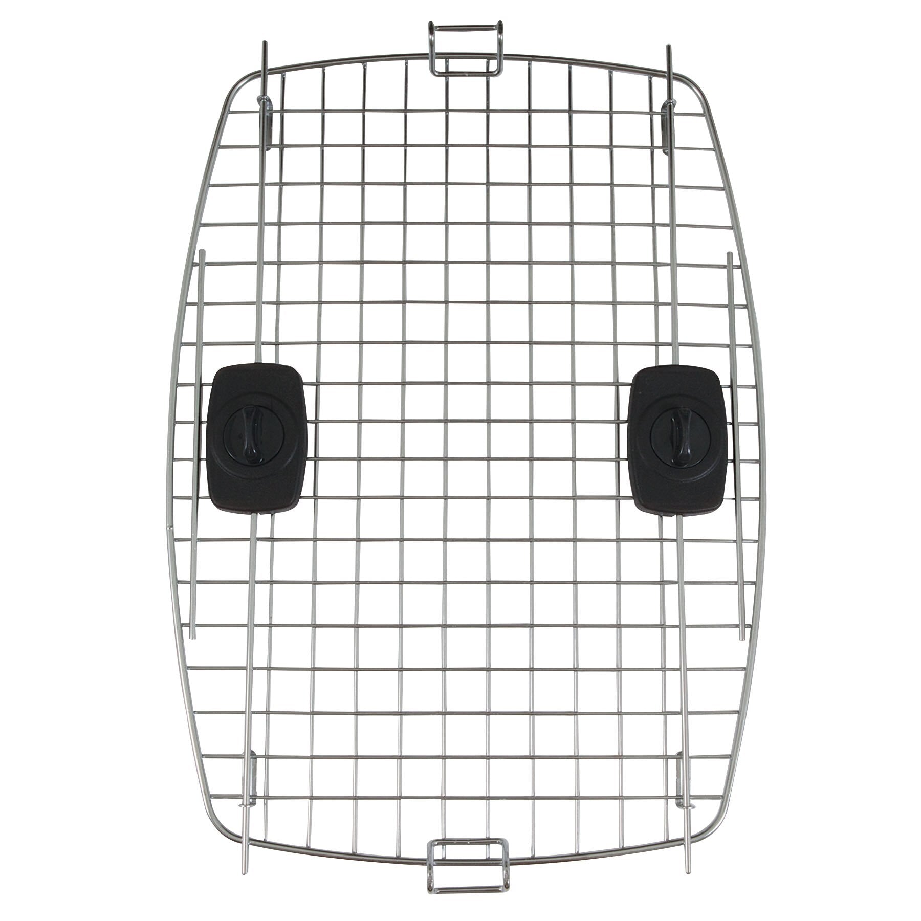 A shiny rectangular wire rack with a grid pattern and two adjustable black clips is compatible with Pet-mates Compass Kennel Replacement Doors or can rest securely on your grill. The top-down image showcases its sleek metal finish.