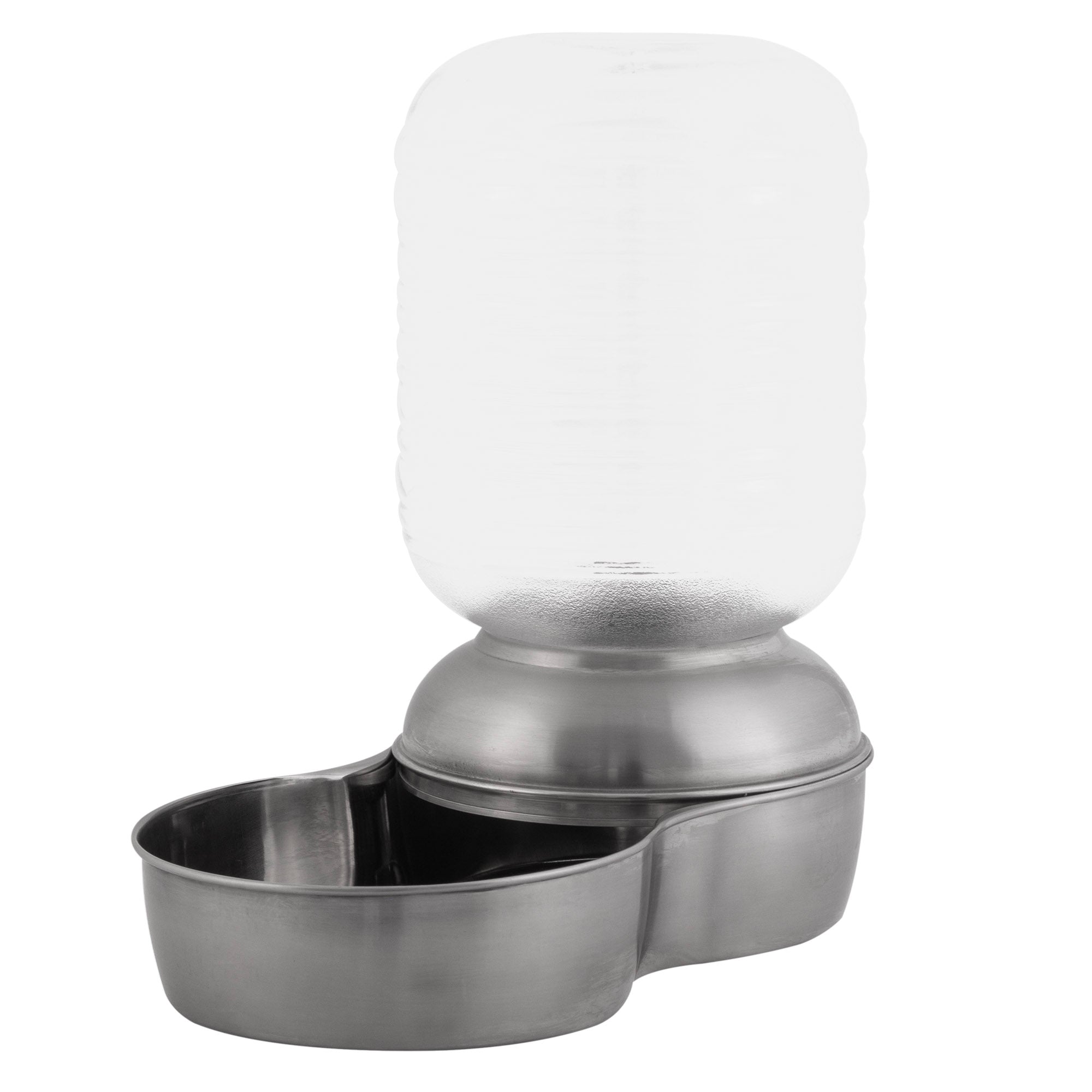 The Pet-mates Stainless Steel Replendish Waterer 1-Gal is vet-recommended, featuring a clear plastic bottle and stainless steel base to keep your pet hydrated.
