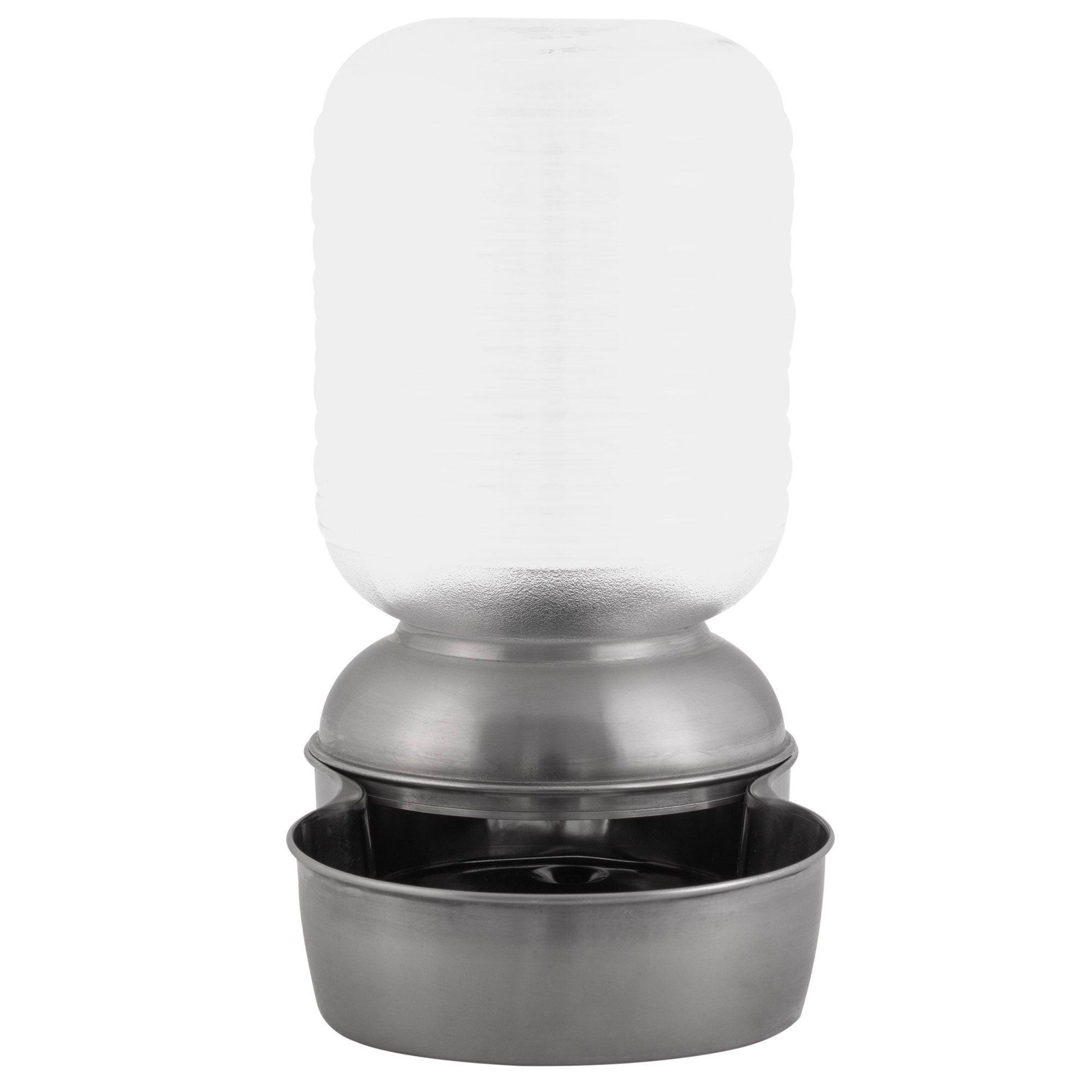 The Pet-mates Stainless Steel Replendish Waterer 1-Gal, recommended by vets, includes an upside-down large water bottle in a metal dispenser with a stainless steel round base, ideal for keeping your pet hydrated all day.