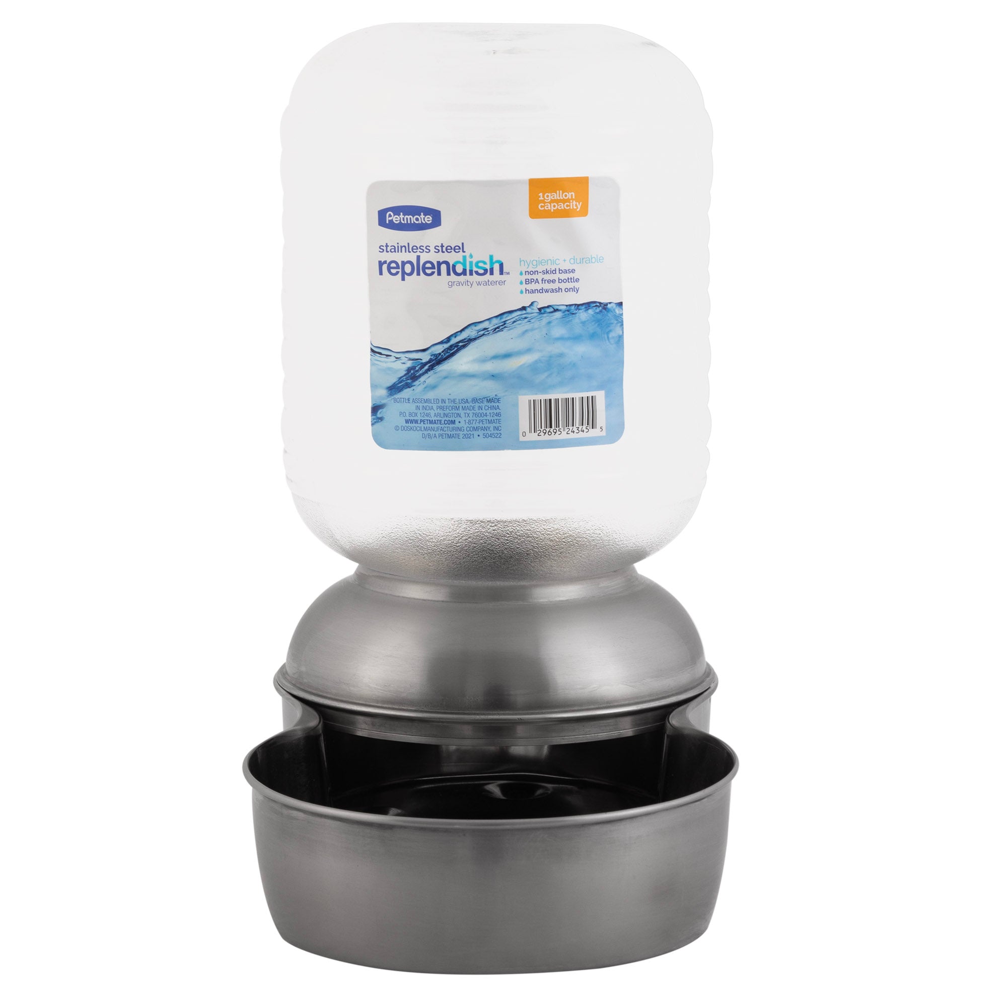 The Pet-mates Stainless Steel Replendish Waterer, a 1-gallon dispenser, features a large transparent jug on a metallic base with an integrated pet bowl. This vet-recommended product ensures your furry friends hydration is conveniently managed.