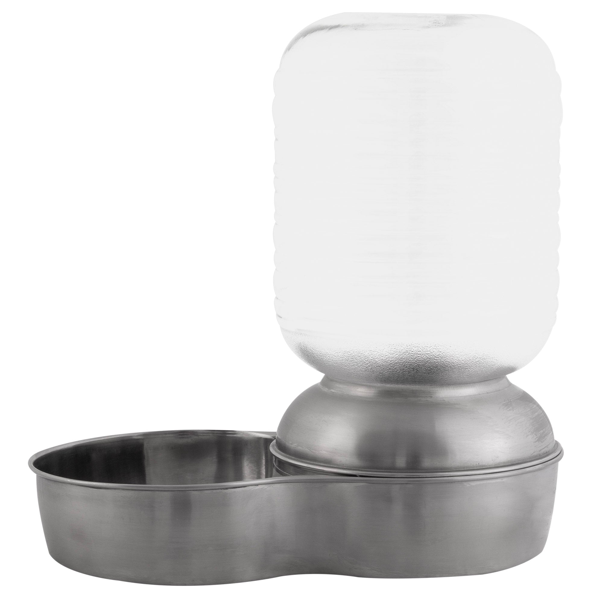 The Pet-mates Stainless Steel Replendish Waterer 1-Gal features a vet-recommended design with a sleek silver base and an upside-down clear bottle that ensures gravity-fed water release into the side bowl, keeping your pet stylishly hydrated.