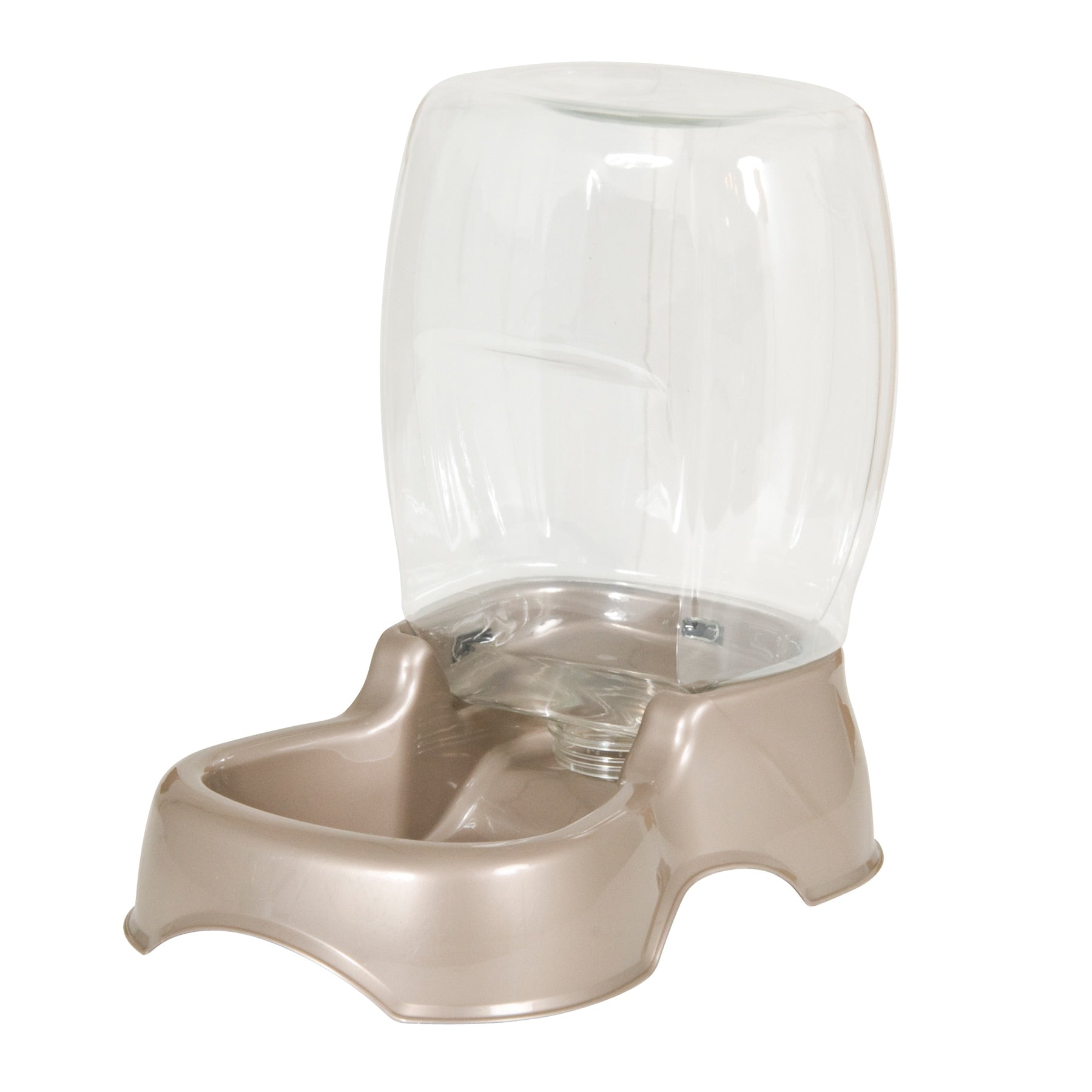The Pet-mates Pet Cafe Gravity Water Bowl features a brown and clear plastic design with an automatic gravity feed, ensuring eco-efficient hydration for your pet even when youre away.