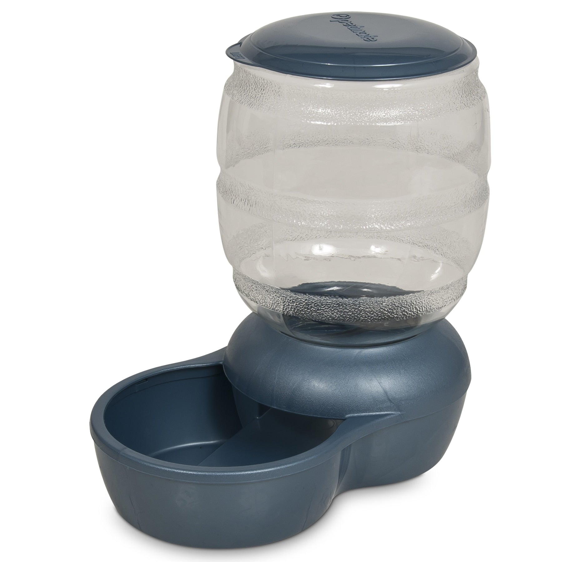The Pet-mates Replendish Pet Feeder With Microban by Pet-mates is a blue and transparent plastic water dispenser with a wide top reservoir and a bowl at the base for drinking, designed with Microban Antimicrobial Protection for your pets health.
