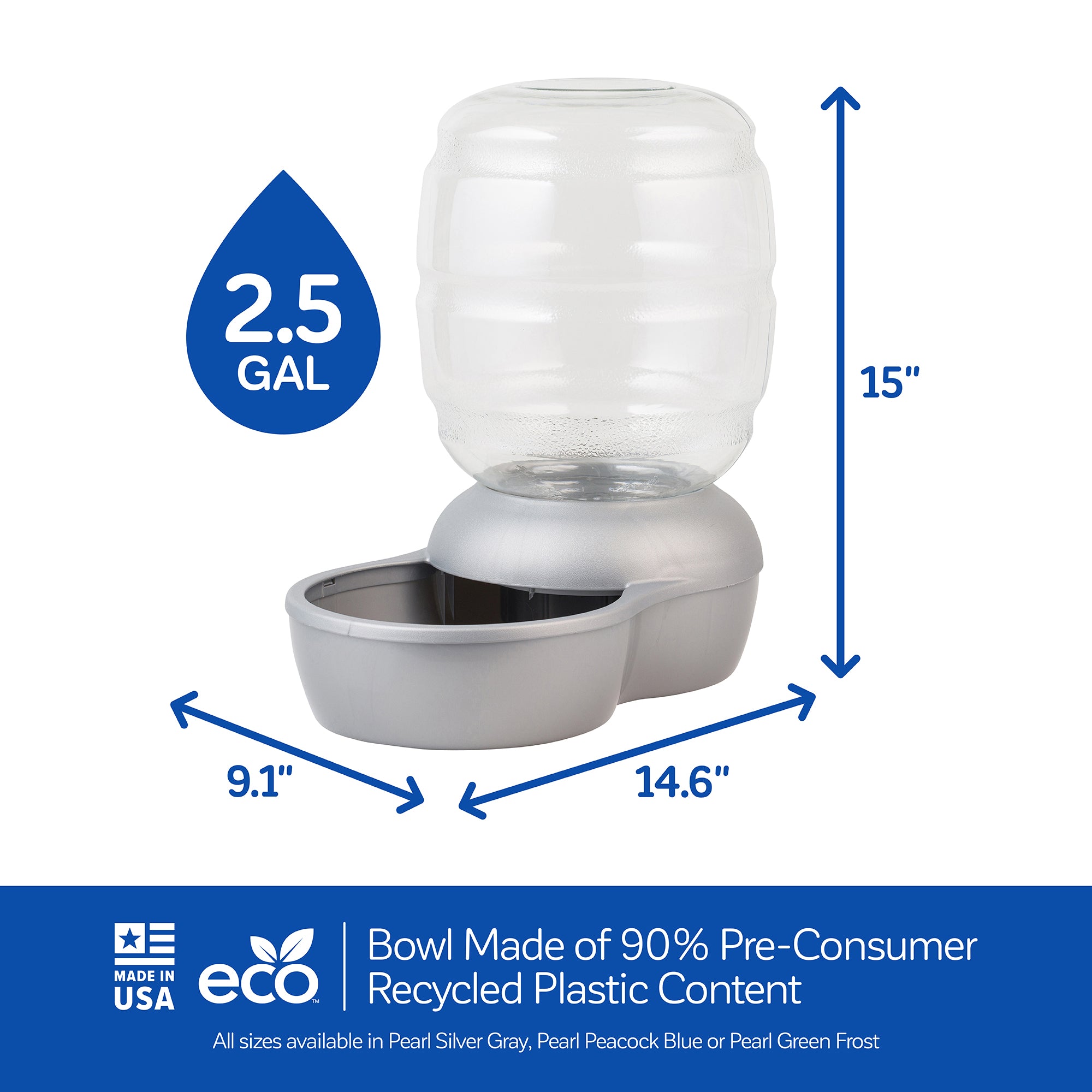 Introducing the Pet-mates Replendish Pet Waterer with Microban, a transparent 2.5-gallon water dispenser made with recycled plastic. Standing 15 inches tall, its eco-friendly design includes antimicrobial protection, making it practical and sustainable for pet owners.