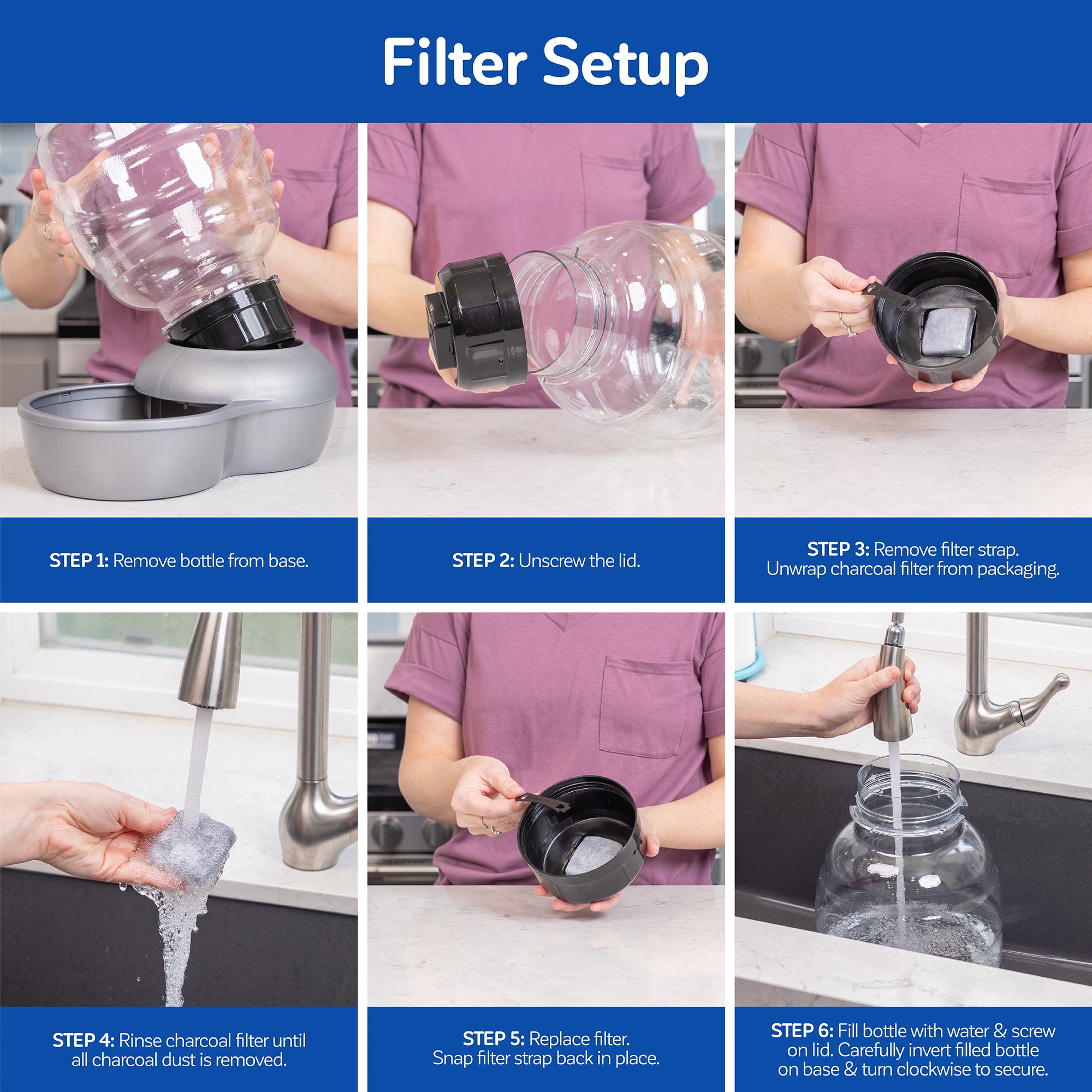Step-by-step guide to setting up a Pet-mates Replendish Pet Waterer With Microban: remove bottle from base, unscrew lid, prepare charcoal filter with Microban Antimicrobial Protection, rinse it, replace it, fill the bottle, and secure the lid.