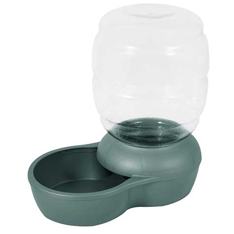 Meet the Pet-mates Replendish Pet Waterer With Microban, a green, gravity-fed dispenser with a large clear reservoir and bowl that ensures your pet always has fresh water.