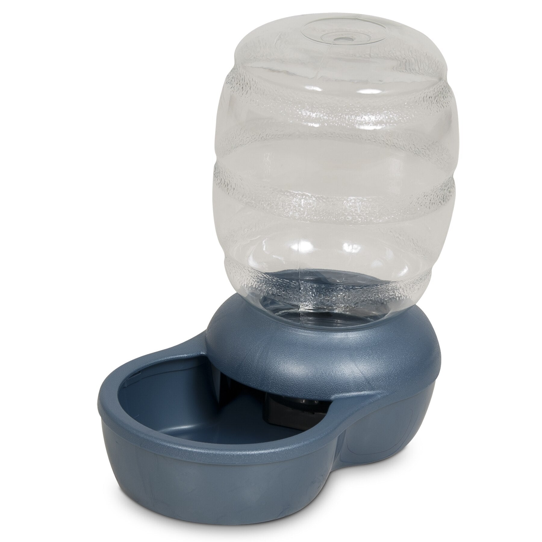 The Pet-mates Replendish Pet Waterer With Microban, by Pet-mates, is a blue and clear plastic waterer with a large textured container and easy-flow dish, ensuring fresh hydration for your pet.