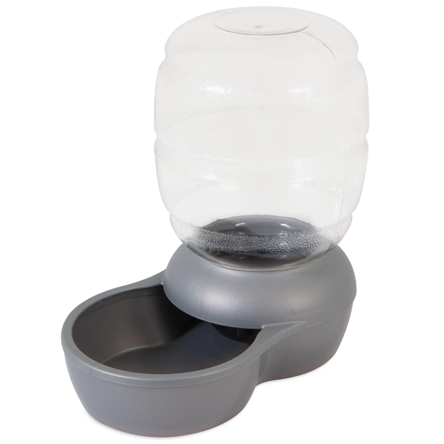 The Pet-mates Replendish Pet Waterer With Microban by Pet-mates is a gray plastic waterer featuring antimicrobial protection with a large transparent container that gradually fills the bowl. Its compact design is ideal for keeping pets hydrated.