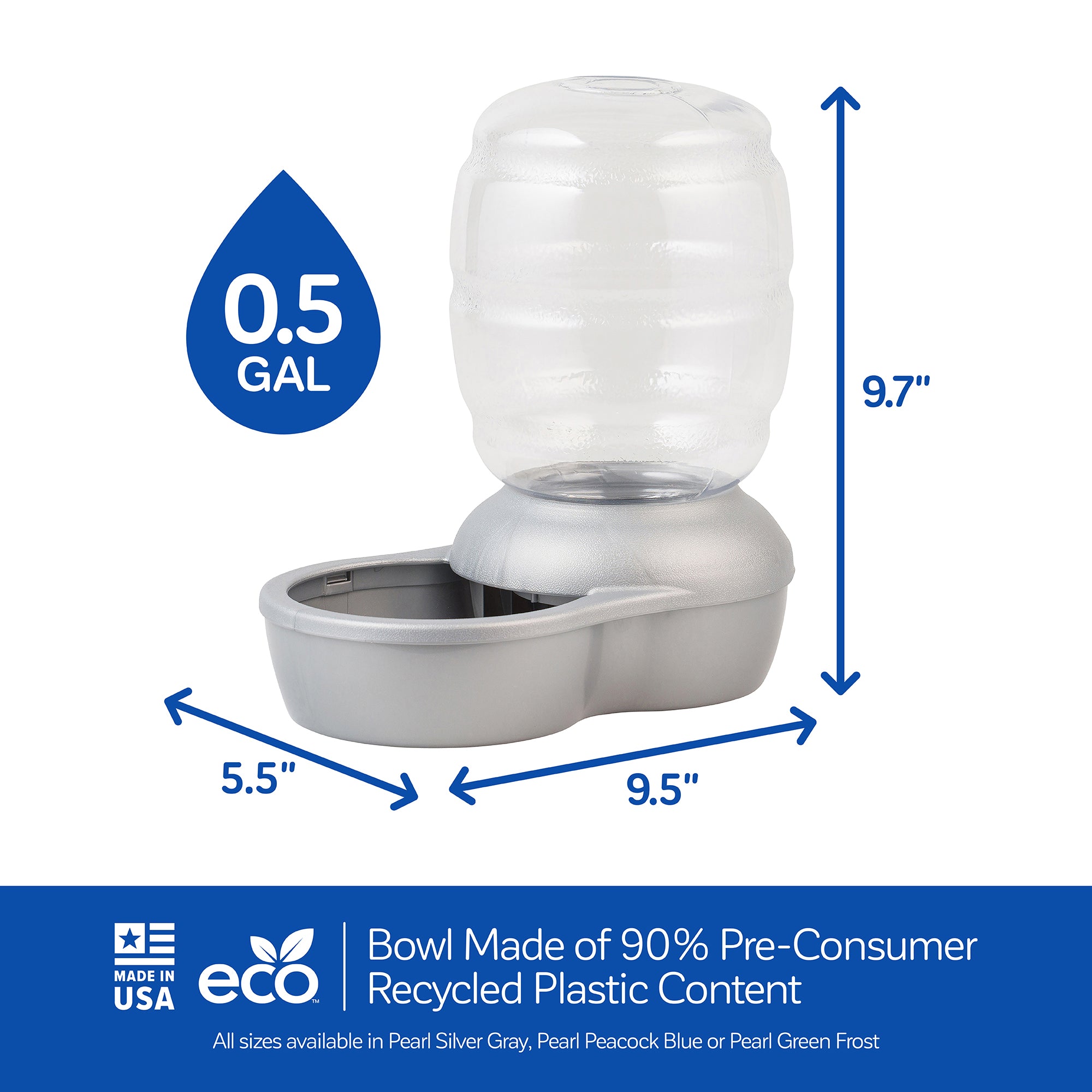 The Pet-mates Replendish Pet Waterer With Microban by Pet-mates features a clear 0.5-gallon container on a sleek silver base, measuring 9.7 H x 9.5 L x 5.5 W. Made in the USA with 90% pre-consumer recycled plastic, it includes Microban protection for cleaner hydration.