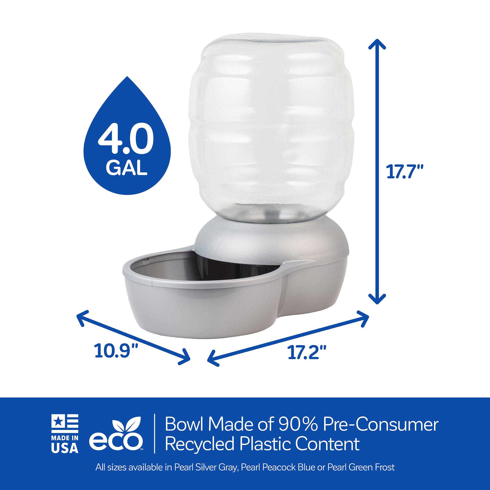 The Pet-mates Replendish Pet Waterer with Microban, made in the USA, features a clear tank on a gray base, measuring 10.9 x 17.2 x 17.7. It holds 4 gallons and is crafted from 90% recycled plastic with antimicrobial protection. It includes eco-friendly icons and is available in various colors.