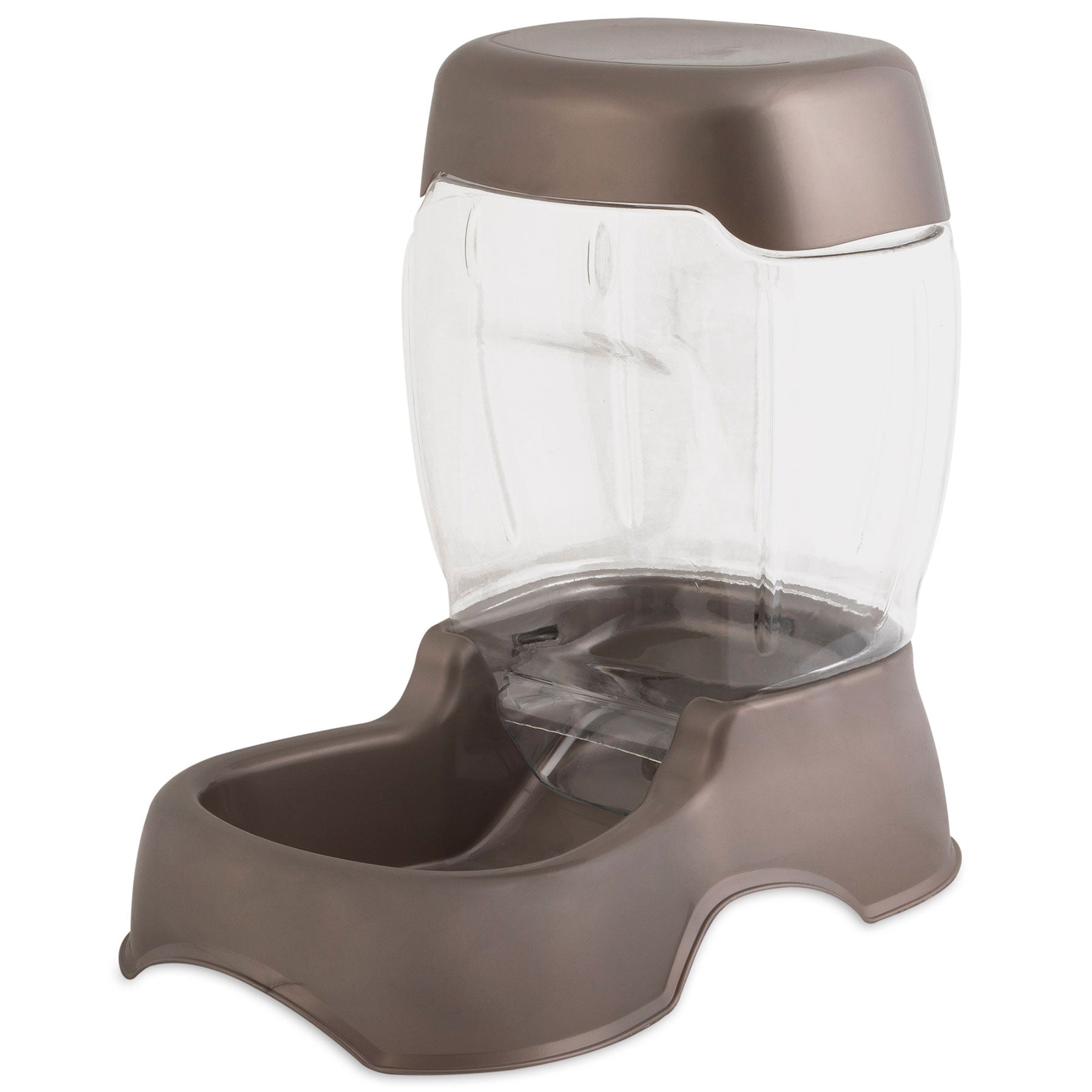 The Pet-mates Pet Cafe Feeder by Pet-mates is a brown and transparent gravity feeder with a large clear hopper that automatically refills the bowl, keeping your pets meal ready as they eat.