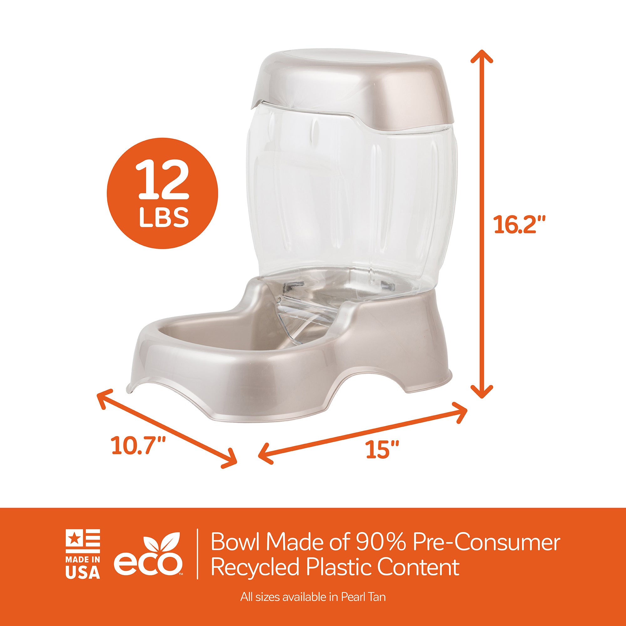 The Pet-mates Pet Cafe Feeder, in pearl tan with a see-through upper tank and base, measures 16.2H x 15W x 10.7D and holds 12 lbs. Made in the USA from 90% pre-consumer recycled plastic, it boasts an efficient food storage hopper design.