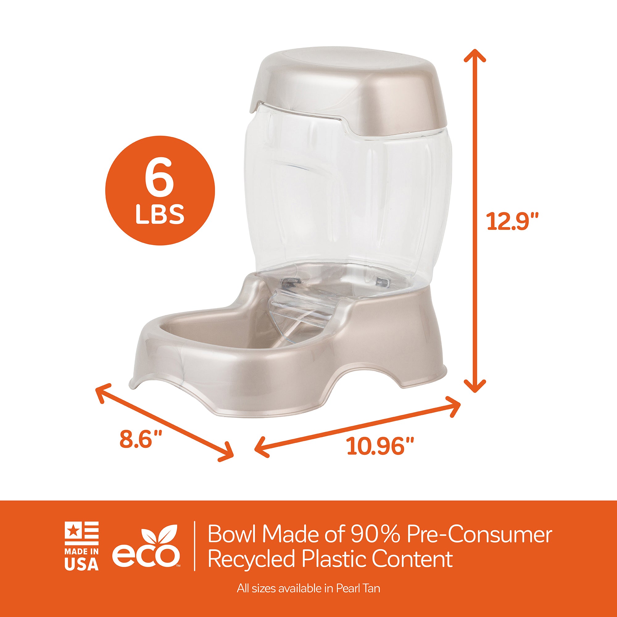 Introducing the Pet-mates Pet Cafe Feeder in pearl tan, made from 90% pre-consumer recycled plastic. Standing 12.9 tall, it holds 6 lbs of food and features a smart gravity design for hassle-free feeding. Proudly made in the USA by Pet-mates, this eco-friendly feeder is a great choice for your pets mealtime.
