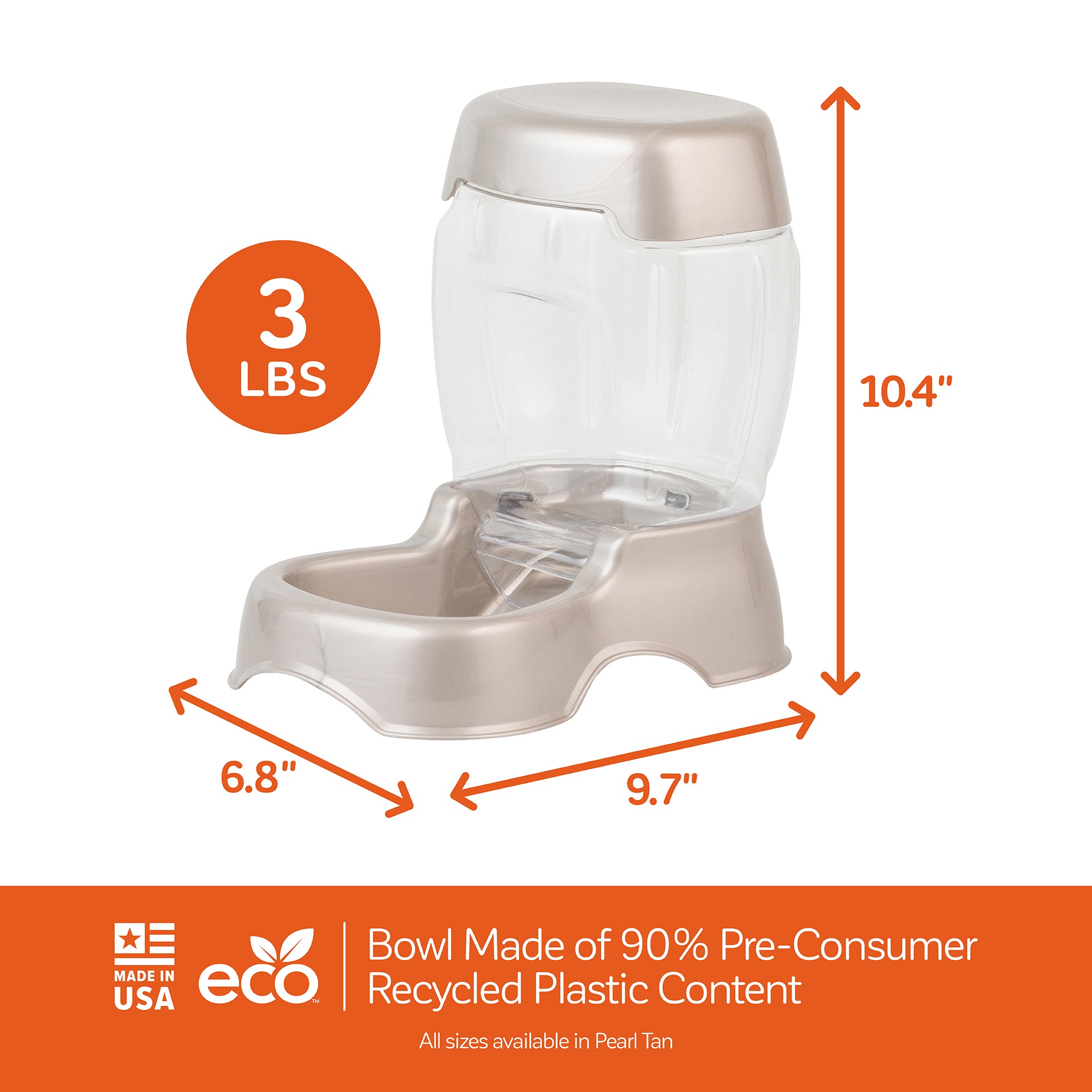 The image displays the Pet-mates Pet Cafe Feeder, measuring 10.4 inches tall with a hopper thats 6.8 inches wide by 9.7 inches deep, holding 3 lbs of food. It features a bowl made from 90% pre-consumer recycled plastic, with Made in USA and eco icons in Pearl Tan color.