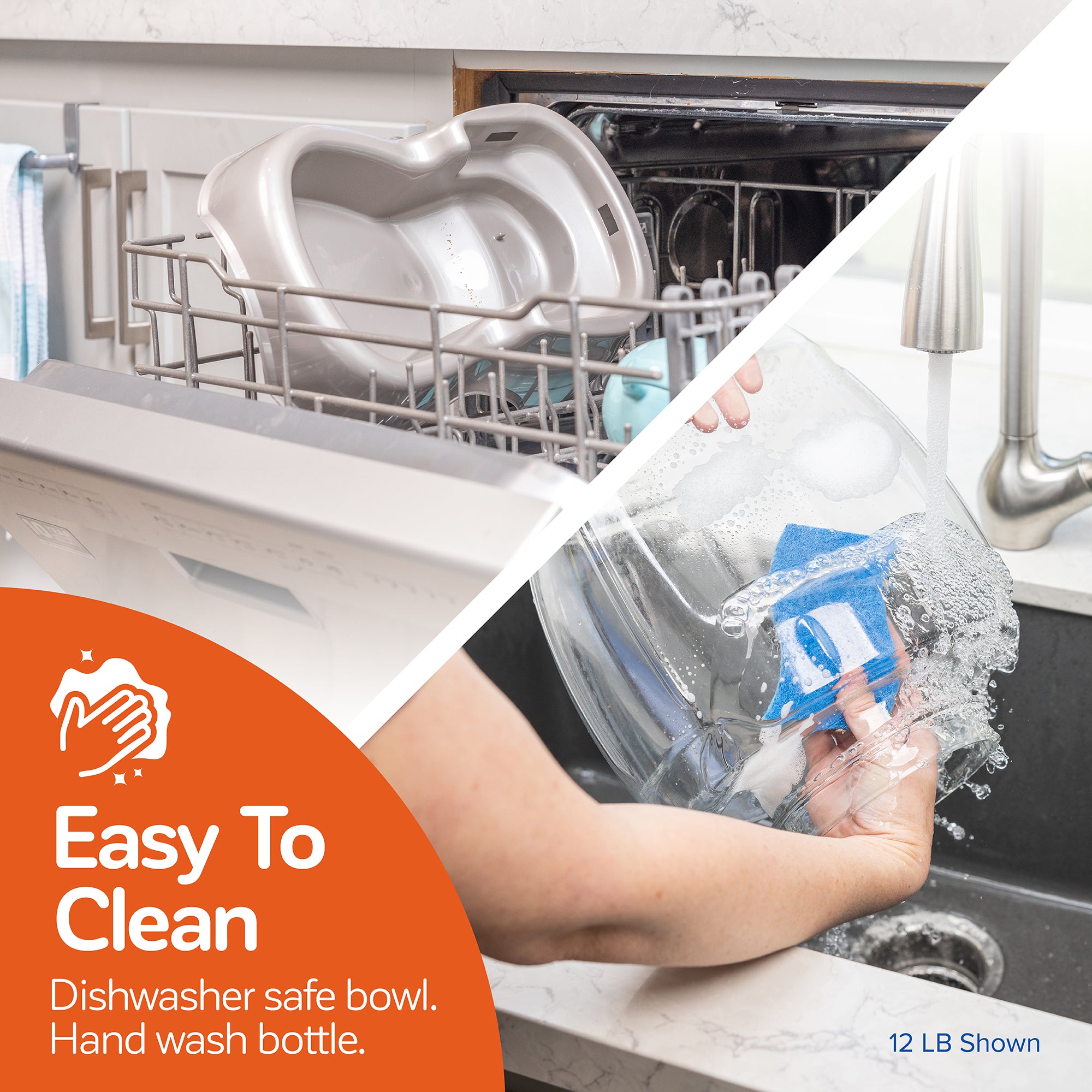 Top: Dishwasher-safe bowl from Pet-mates Pet Cafe Feeder; bottom: hand wash bottle. 12 LB model displayed.