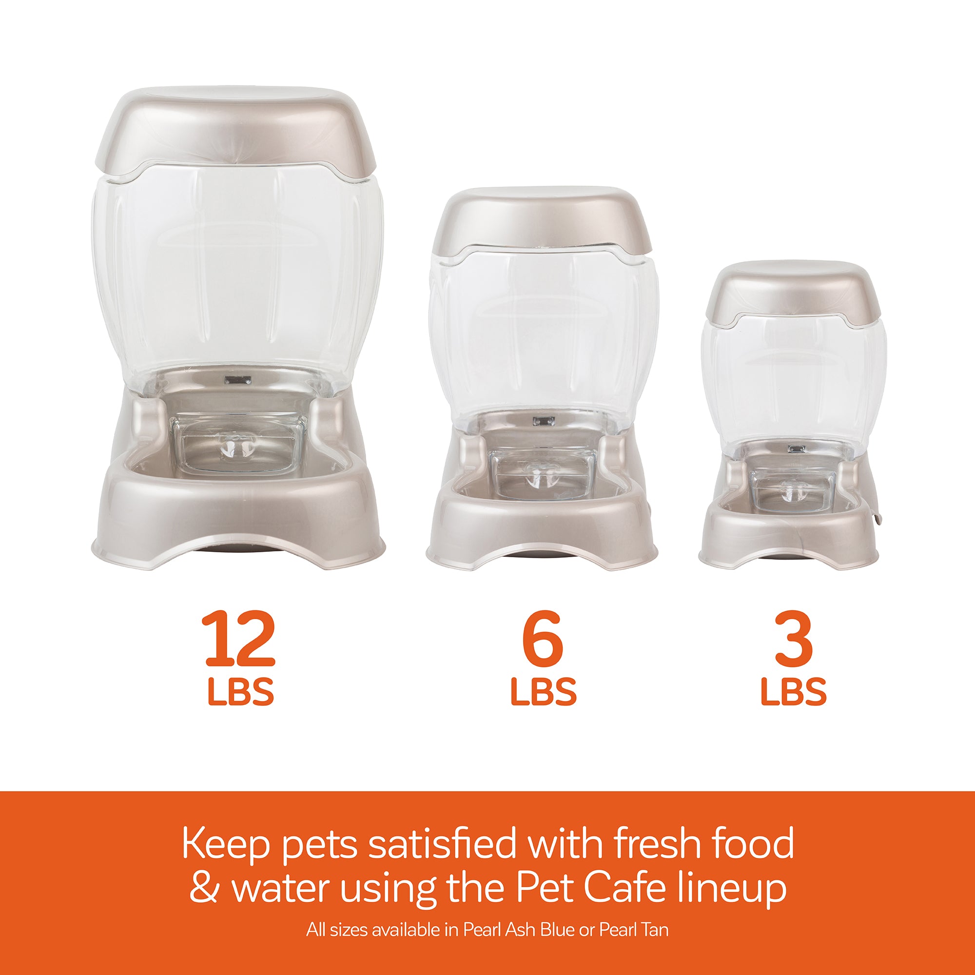 Image of three Pet-mates Pet Cafe Feeders with 12 lb, 6 lb, and 3 lb capacities arranged in a row. These gravity feeders have transparent hoppers and taupe bases. Available in Pearl Ash Blue or Pearl Tan.