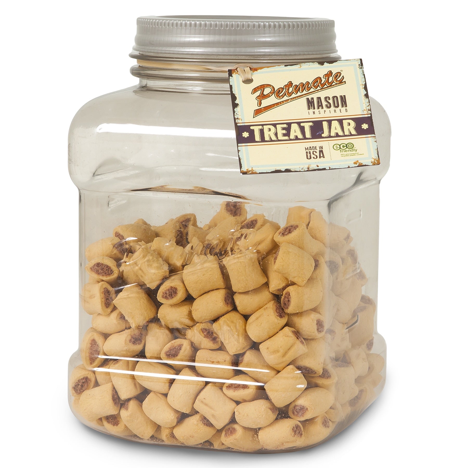 The Pet-mates Mason Style Pet Treat Jar, a large transparent 150 oz jar, displays small brown dog treats. It has a USA label and features a square design with a silver screw-top lid and wide-mouth for easy access.