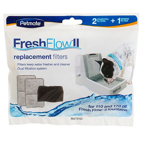 The Pet-mates Fresh Flow II Charcoal & Debris Filter pack includes two charcoal filters and a debris filter, highlighted by an image of a dog enjoying the fountains dual filtration for cleaner water.
