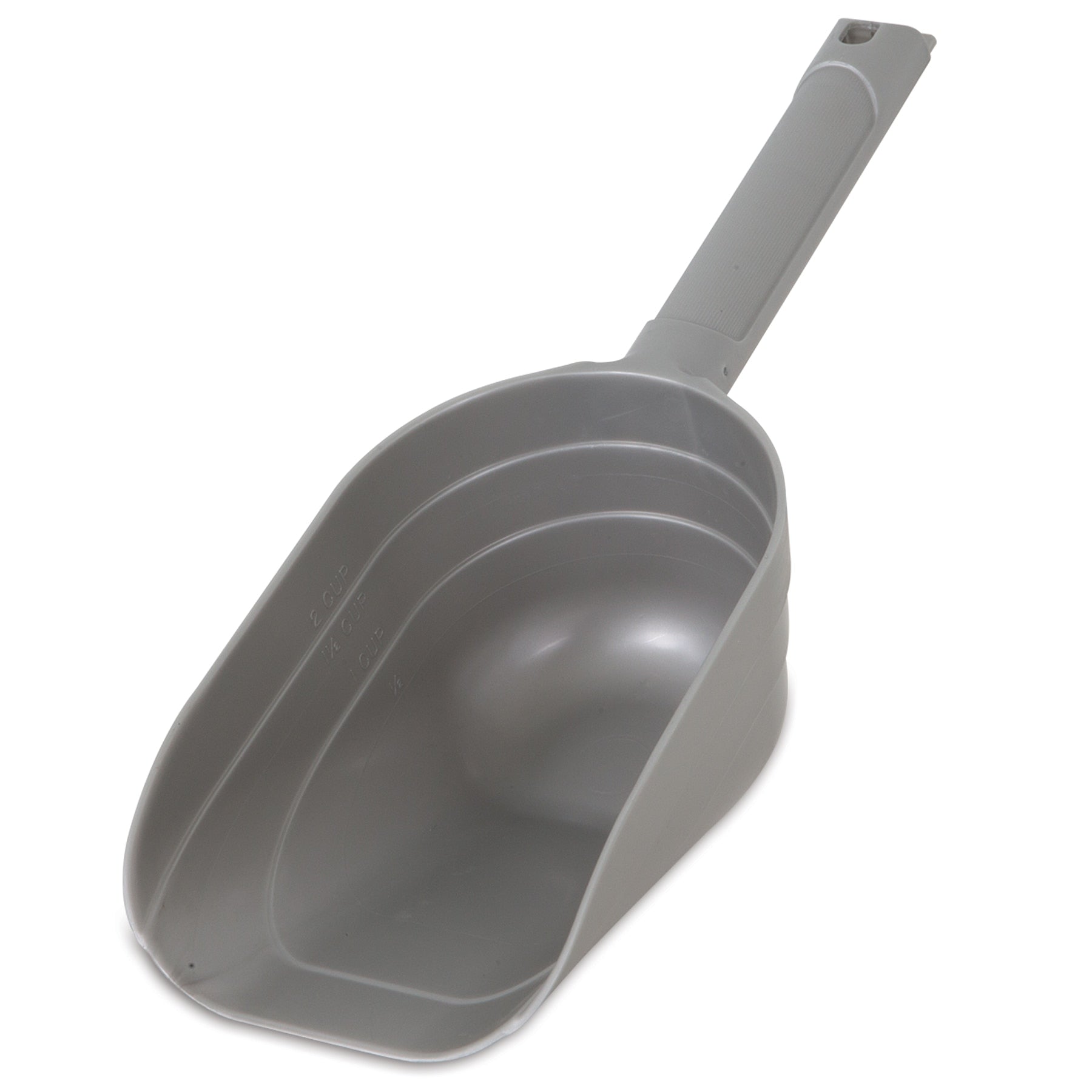 The Pet-mates Pet Food Scoop With Microban, by Pet-mates, is a gray plastic scoop with a long handle and deep basin for measuring grains or pet food. Featuring Microban antimicrobial protection, it offers cleanliness and durability against a white backdrop.