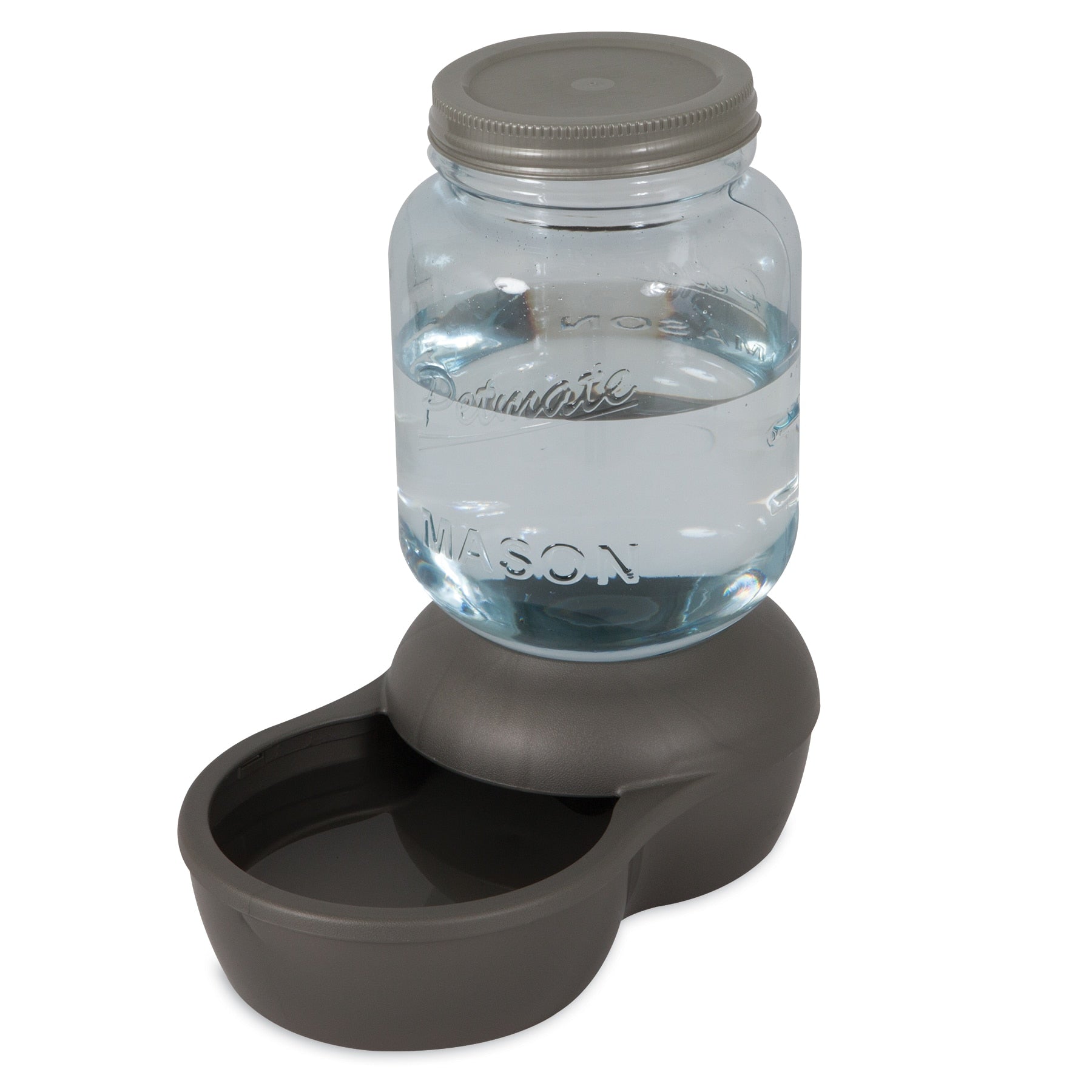 The Pet-mates 1-Gallon Mason Jar Gravity Pet Waterer by Pet-mates features a BPA-free plastic mason jar on a sleek gray base with a bowl for easy dispensing and includes a charcoal filter to provide clean, fresh water for your pet.