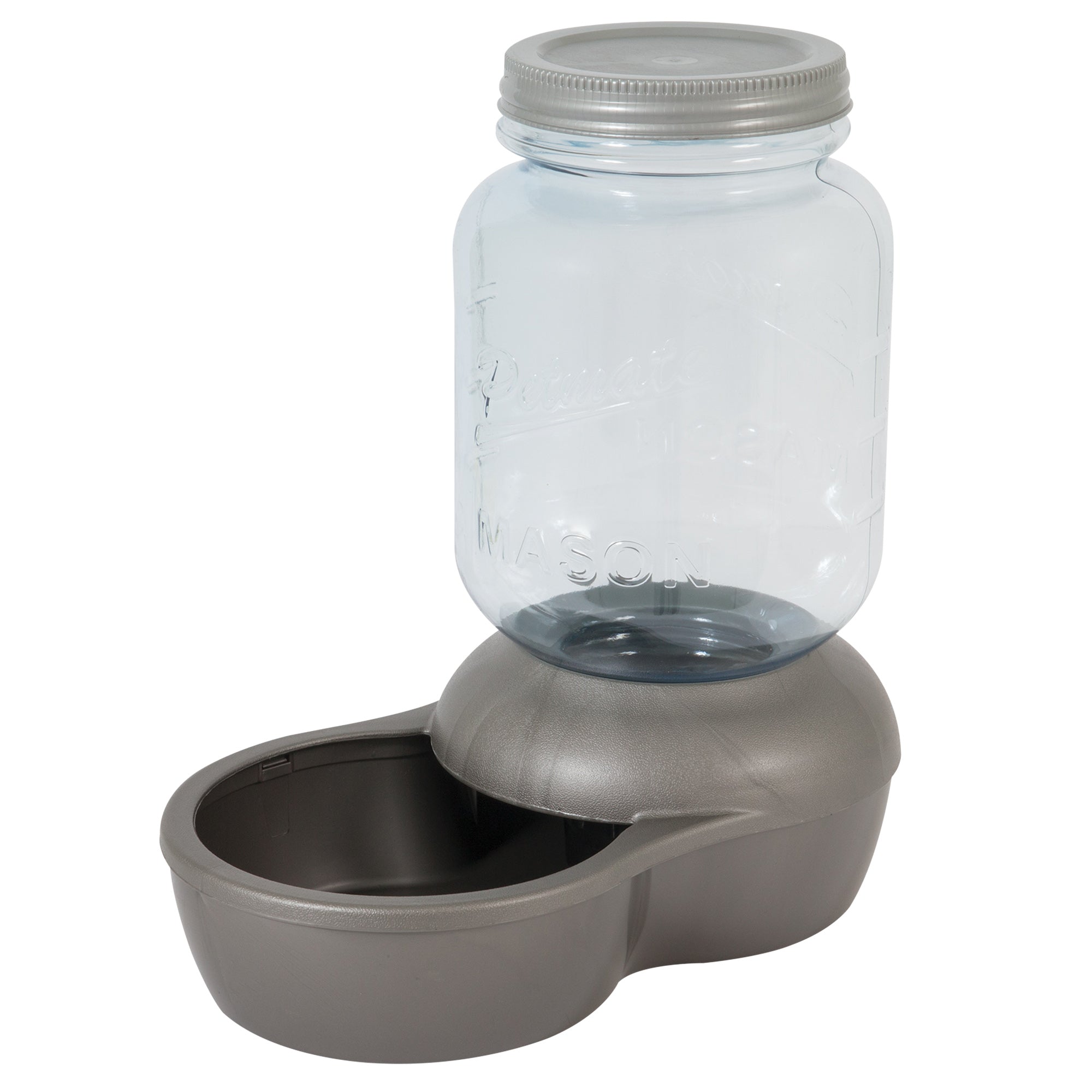 The Pet-mates 1-Gallon Mason Jar Gravity Pet Waterer features a clear mason jar-style container with a silver lid atop a gray BPA-free plastic base and includes a water bowl.