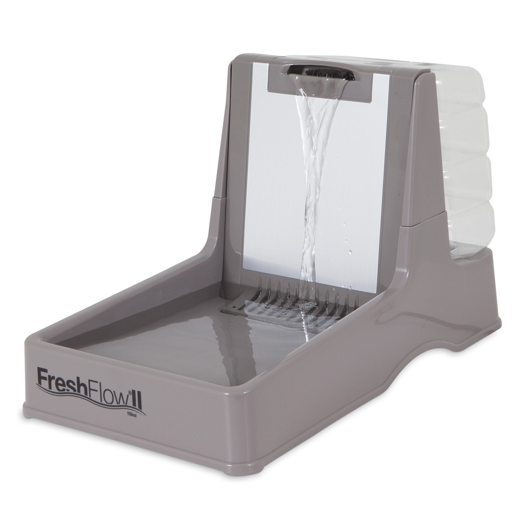 The Pet-mates Fresh Flow II Dog & Cat Water Fountain in gray features a cascading waterslide for splash-free drinking, includes a clear, detachable reservoir for filtered water, and boasts a sloped design for easy pet access.